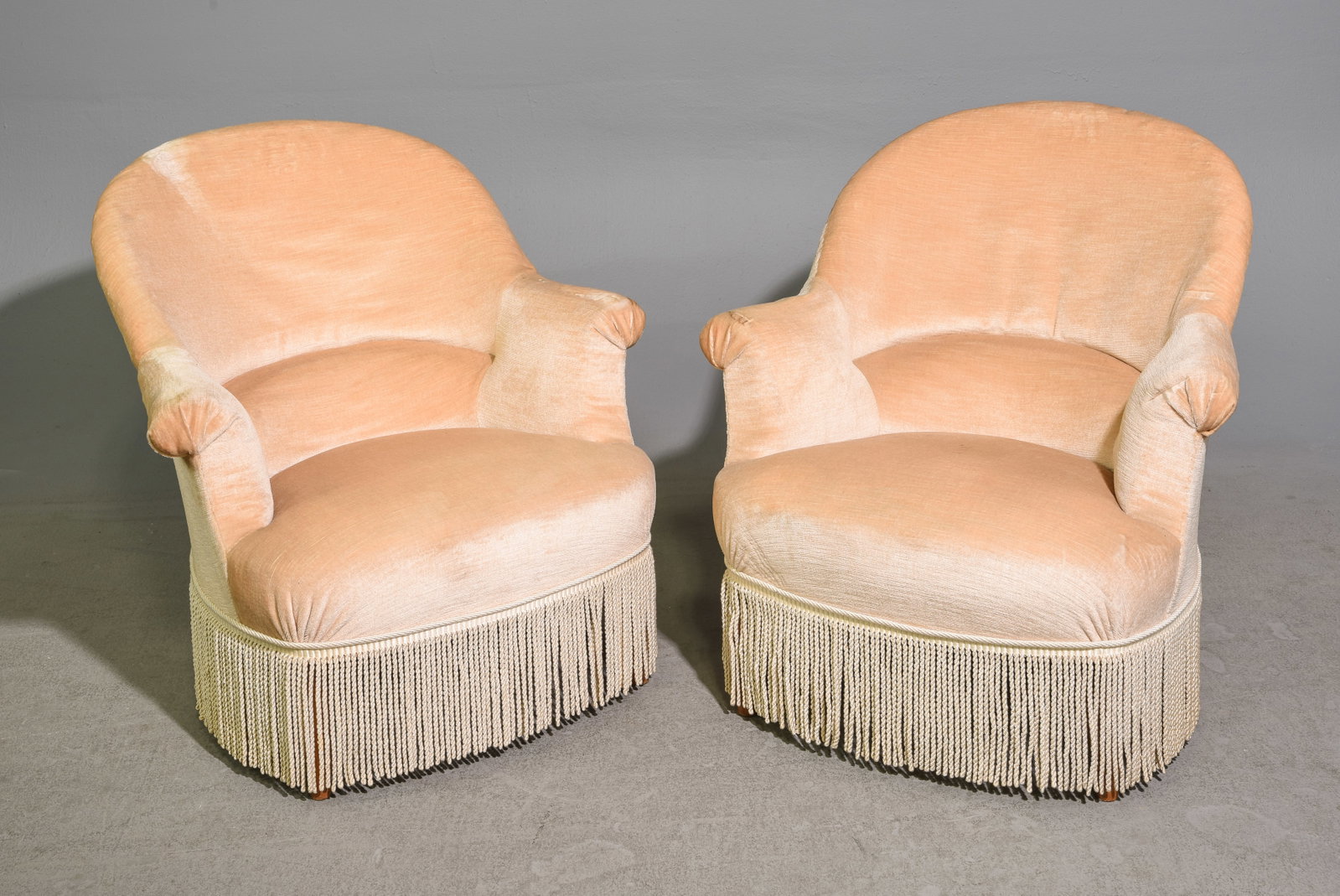 Napoleon III Style Pair of French Crapeau Chairs: French Napoleon III Style Pair of Crapeau / Bergere Arm Chairs with Fringe Skirts - 30.5 in tall x 30.5 x 31 each with a seat height of 15 inches