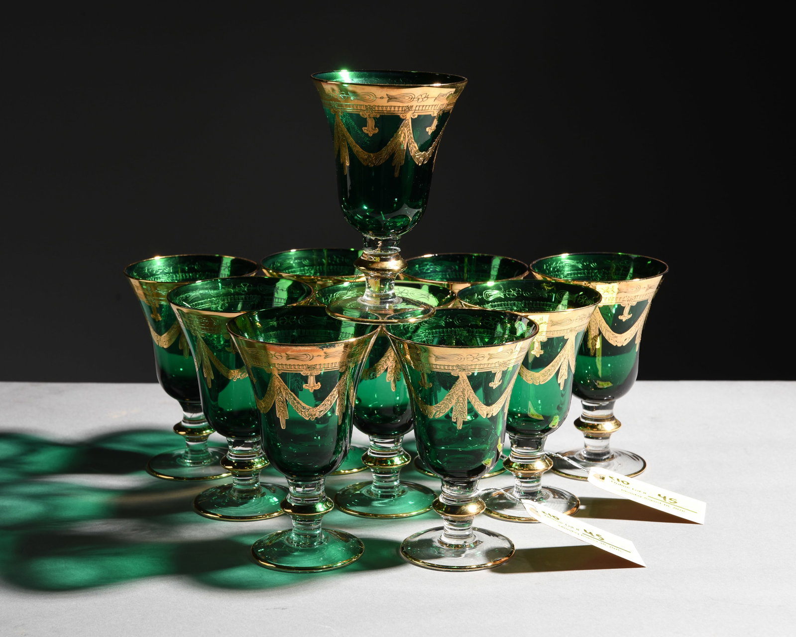 10 Medici Green Water Goblets with Gold Overlay: 10 Medici Green Water Goblets with Gold Overlay - 6 in tall x 3.75 inch diameter