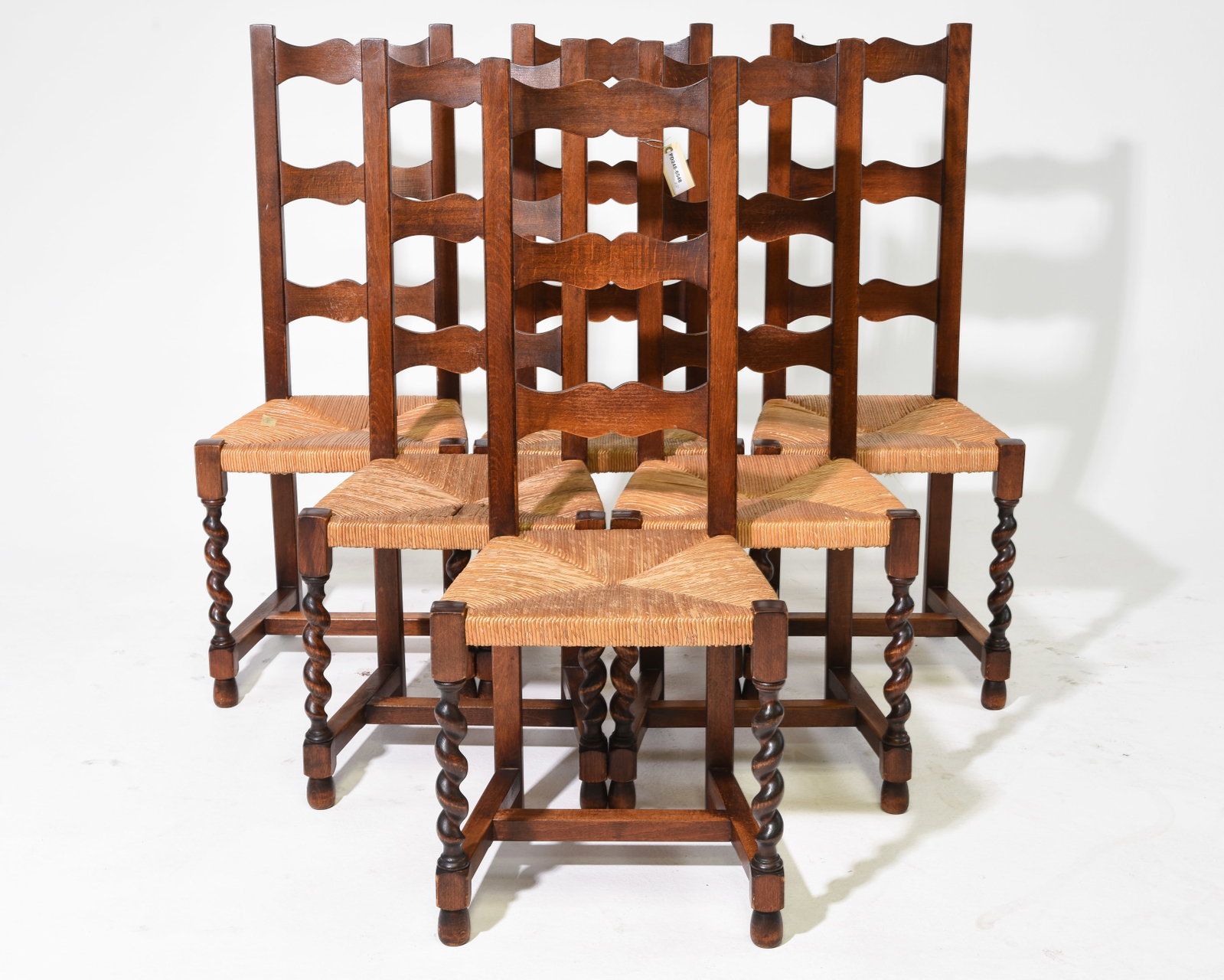Louis XIII Style Set of 6 Oak Rush Seat Chairs: French Louis XIII Style Set of 6 Oak French Twist Rush Seat High Back Chairs - 43 in tall x 17.5 x 17 each with a seat height of 18 inches