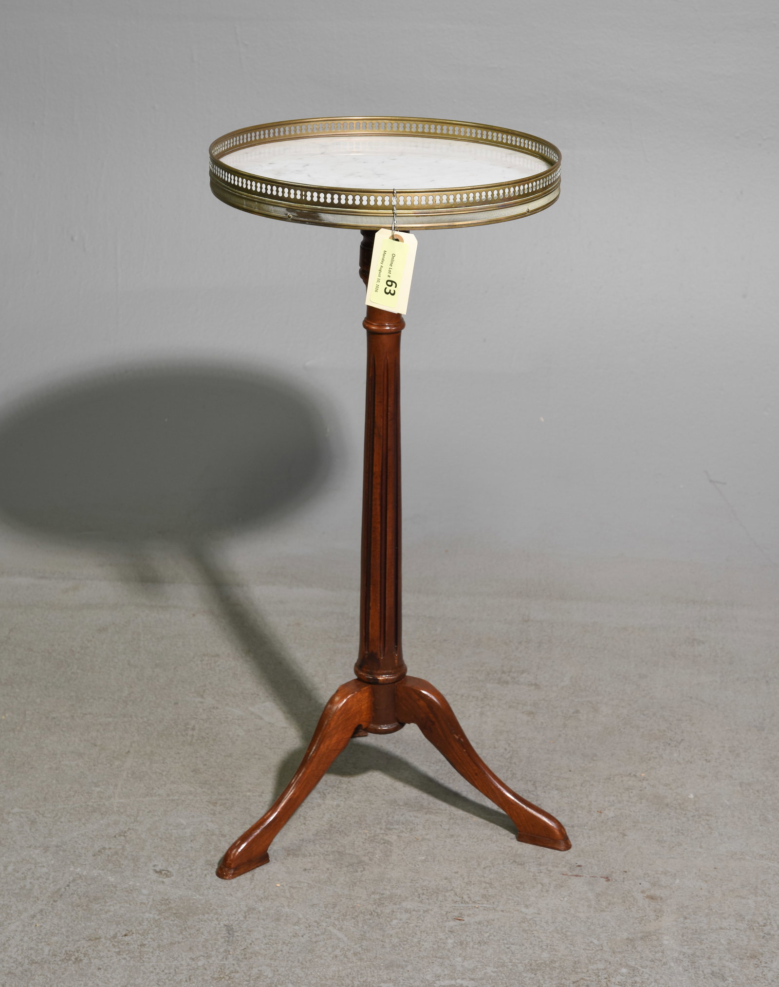 Louis XVI Style White Marble Top Pedestal Table: French Louis XVI Style White Marble Top Mahogany Pedestal Wine Table with Brass Gallery - 29.25 in tall x 13.75 inch diameter