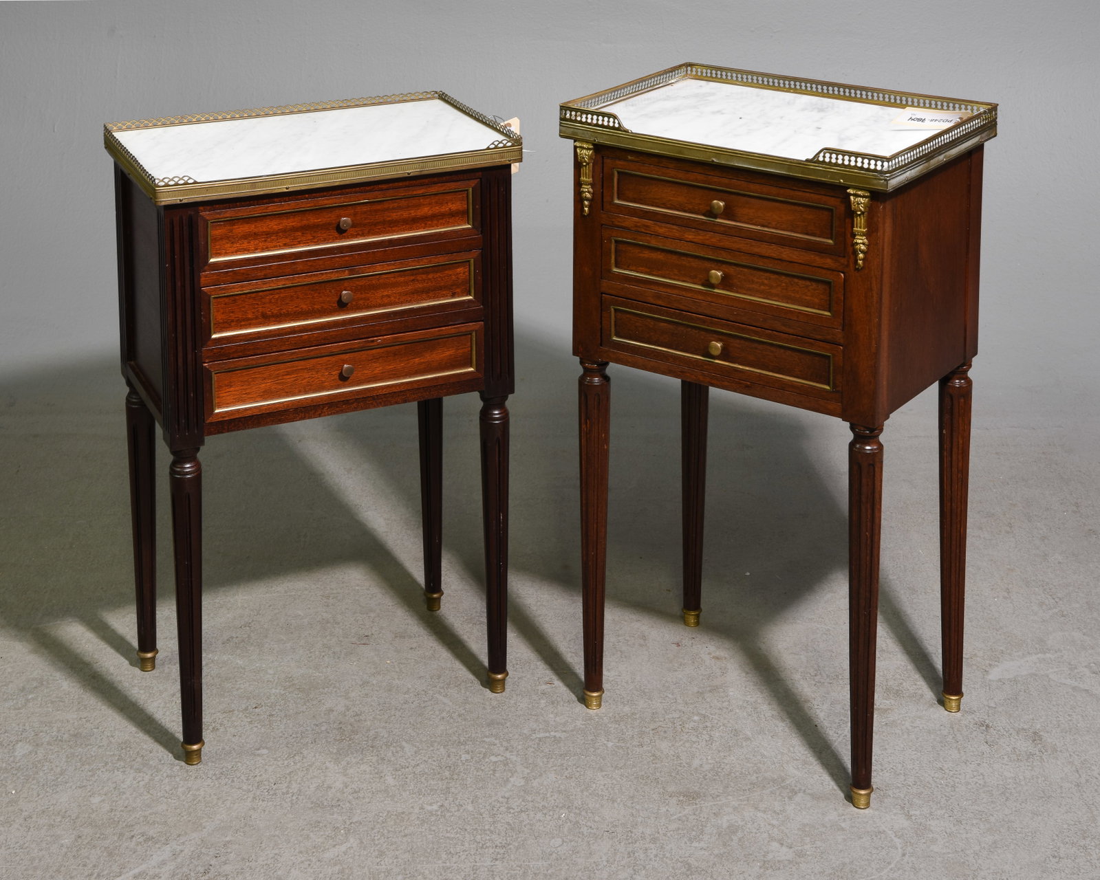 2 Louis XVI Style White Marble Top Chests: 2 French Louis XVI Style White Marble Top Chests / Nightstands with Gallery - 29 in tall x 15.25 x 11.25 and 27.25 in tall x 16.25 x 10.5