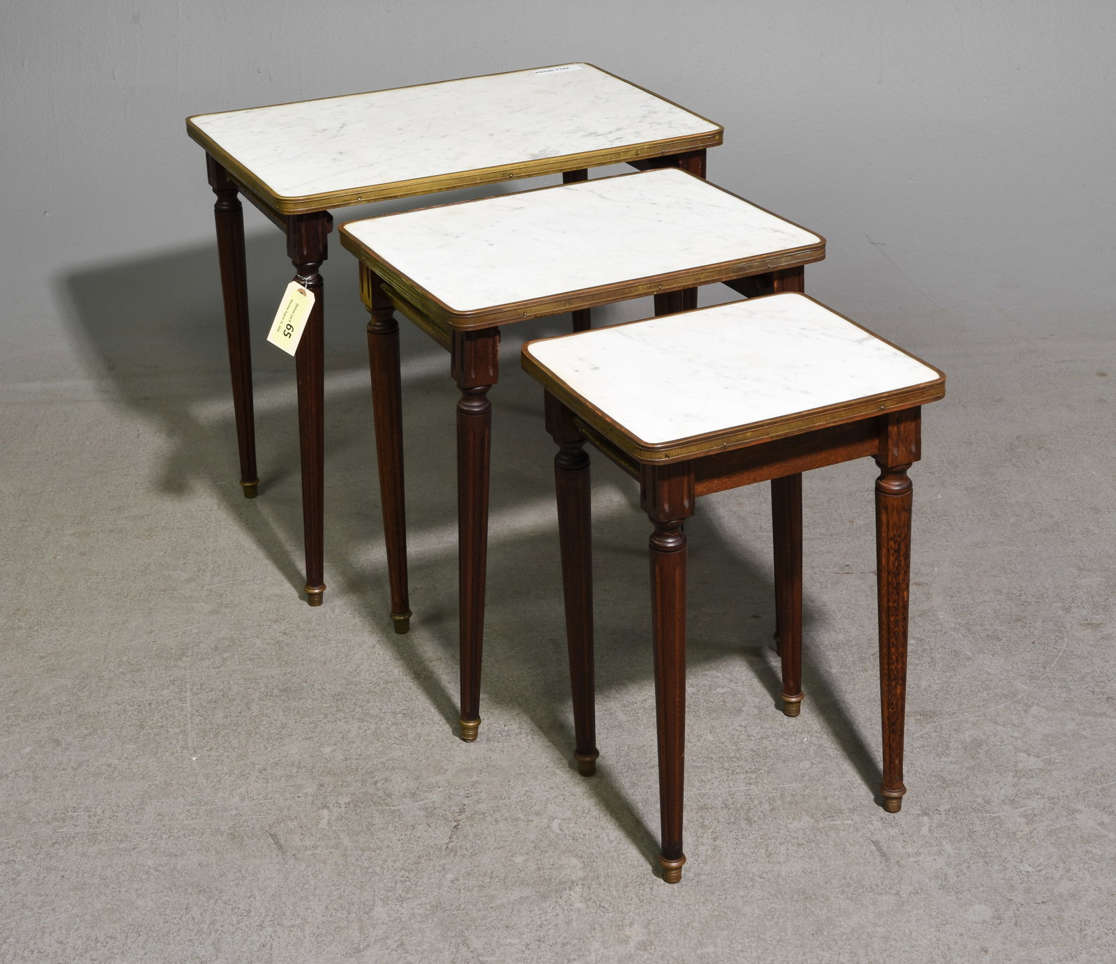 Louis XVI Style Marble Top Nest of Three Tables: French Louis XVI Style Marble Top Mahogany Nest of Three Tables - 21 in tall x 22 x 15.75, 19.75 in tall x 17 x 13.25 and 18.5 in tall x 12.5 x 11