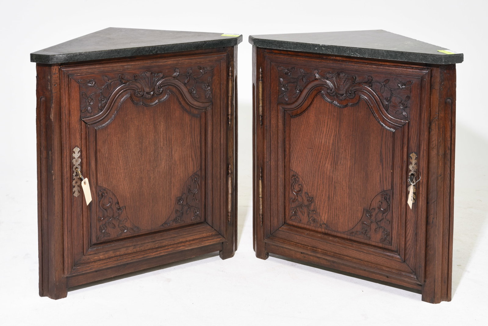 French Pair of Oak Marble Top Corner Cabinets (1 of 7)