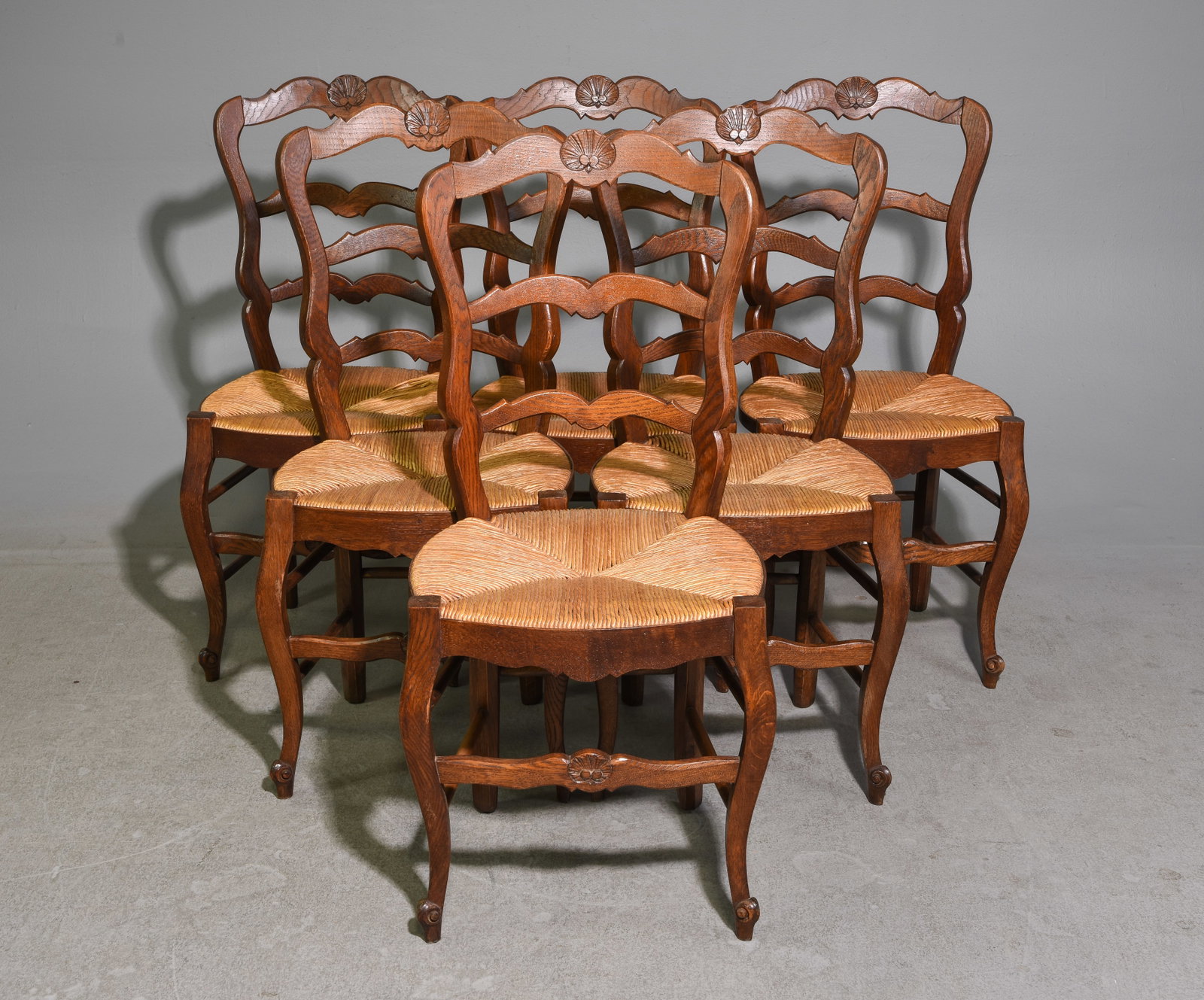 Louis XV Style Set of 6 Oak Rush Seat Chairs: French Louis XV Style Set of 6 Oak Rush Seat Chairs - 37 in tall x 17 x 17.5 each with a seat height of 18 inches