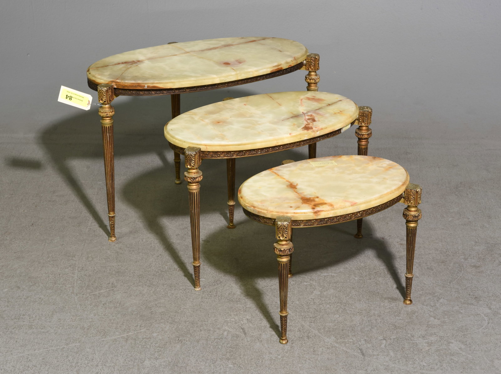 Louis XVI Style Brass & Onyx Nest of 3 Tables: French Louis XVI Style Brass & Onyx Nest of 3 Tables - 17 in tall x 24.5 x 14.5, 15 in tall x 20.5 x 13 and 12 in tall x 16.5 x 12