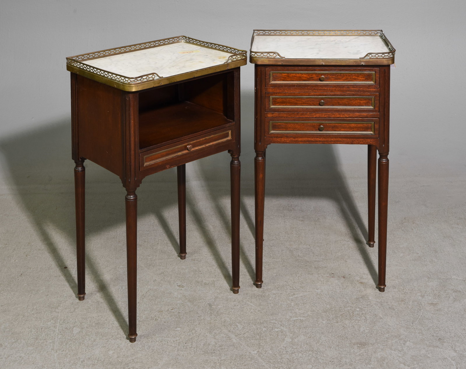 2 Louis XVI Style White Marble Top Nightstands: 2 French Louis XVI Style White Marble Top Nightstands with Brass Gallery - 29 in tall x 15.5 x 12 each