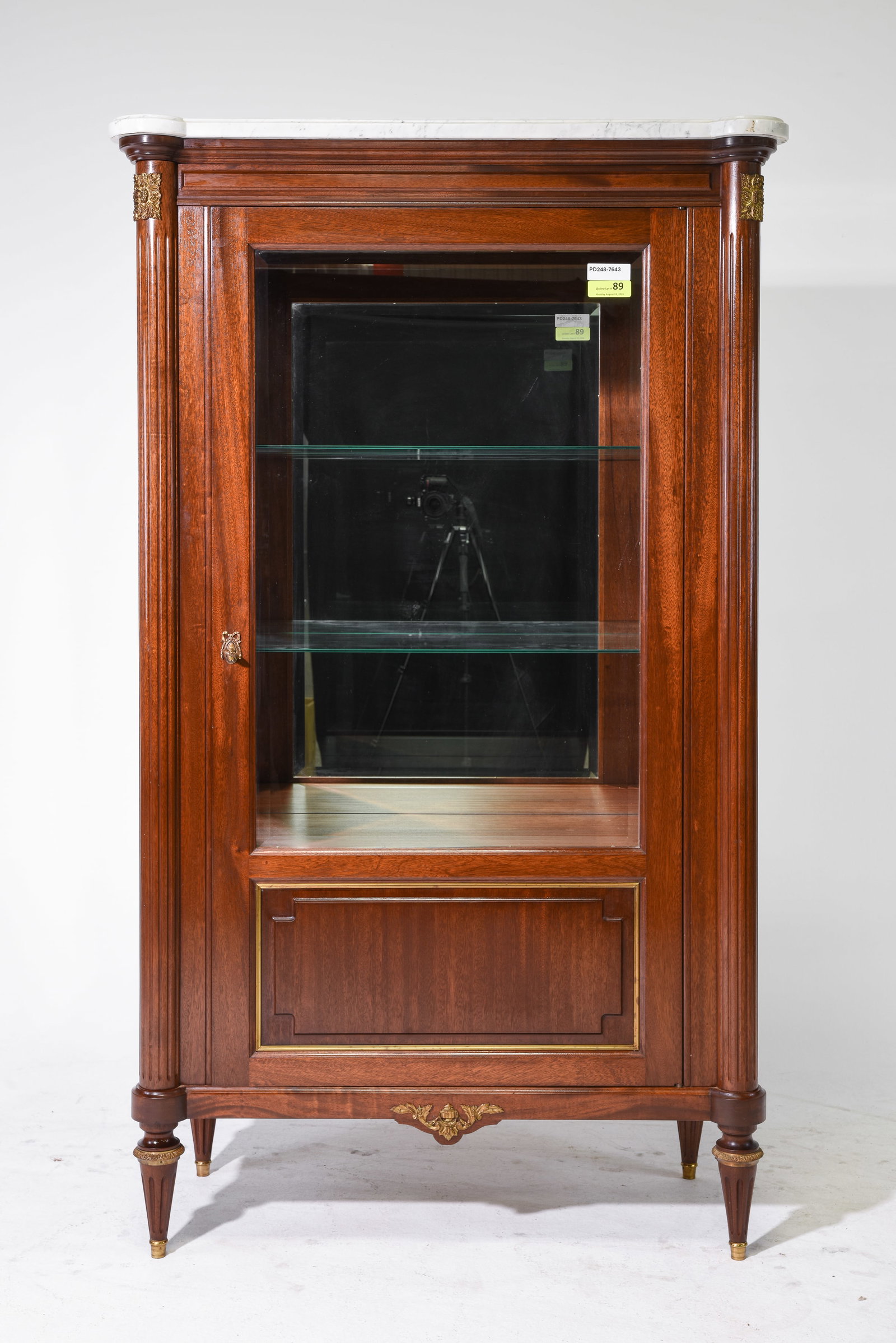 Louis XVI Style White Marble Top Vitrine: French Louis XVI Style White Marble Top Mahogany Mirror Back Vitrine / Display Cabinet - 70 in tall x 42 x 19