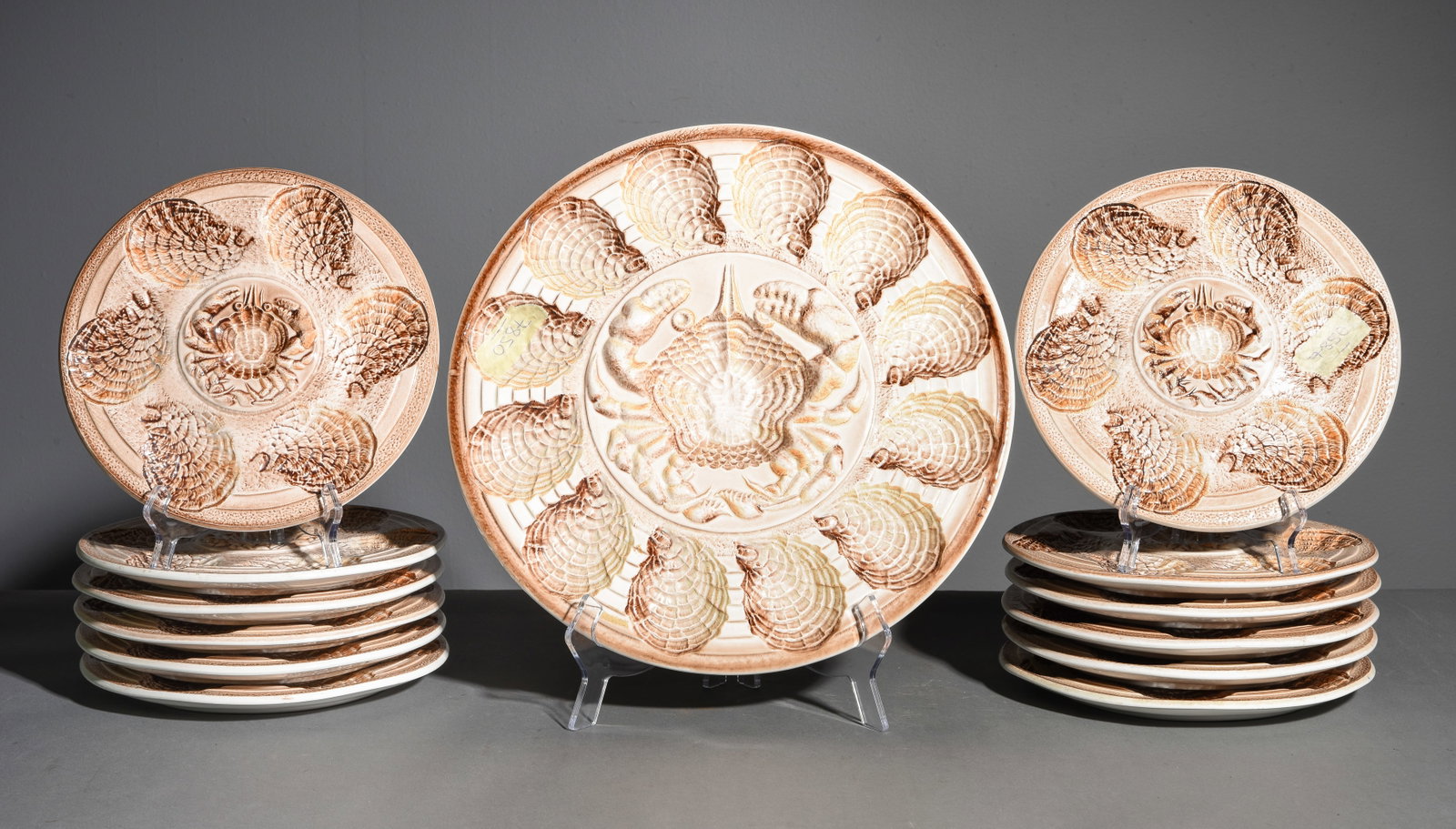 French 13pc Crab Oyster Plate Set - Platter, Etc.: French 13pc Crab Oyster Plate Set - Platter & 12 Plates - Platter is 1.25 in tall x 15 inch diameter, Plates are 1 in tall x 10 inch diameter each