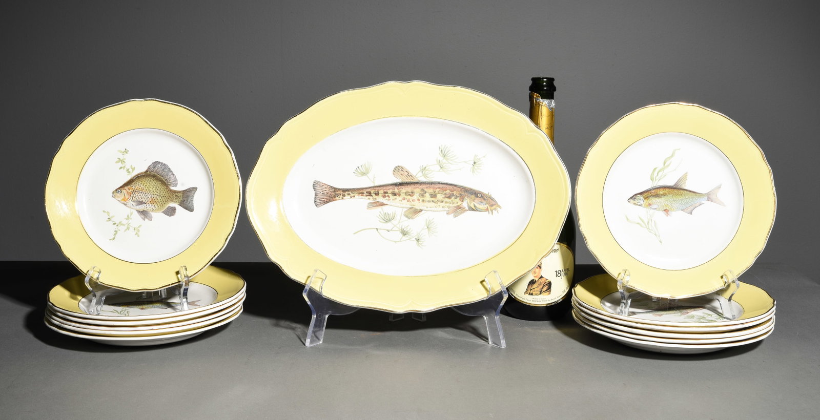 French 13pc Fish Plate Set - Platter & 12 Plates: French 13pc Fish Plate Set - Platter & 12 Plates - Platter is 1.5 in tall x 15 x 11, Plates are 1 in tall x 9 inch diameter each