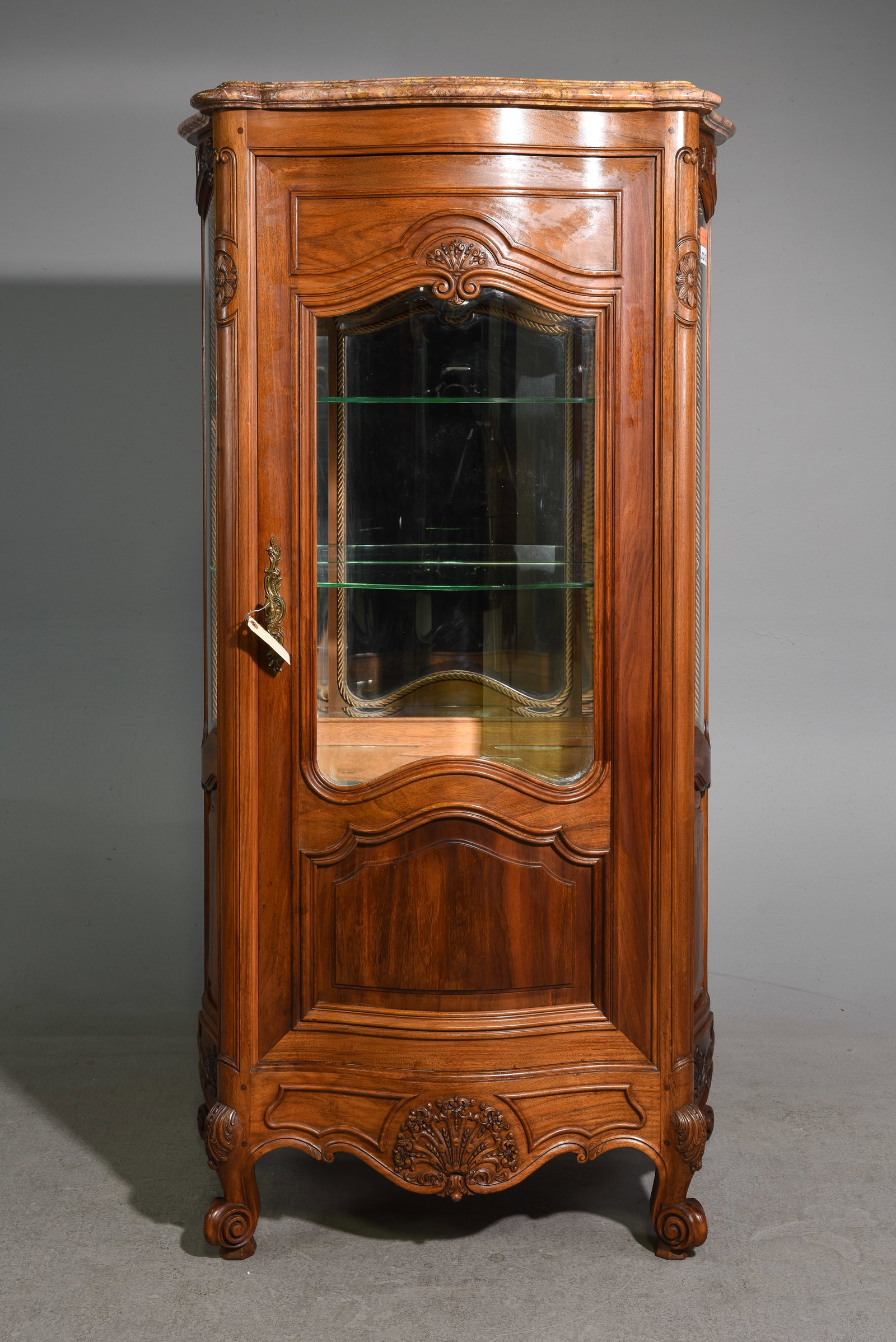 Louis XV Style Marble Top Walnut Vitrine: French Louis XV Style Marble Top Walnut Vitrine / Display Cabinet - 63.5 in tall x 33 x 18