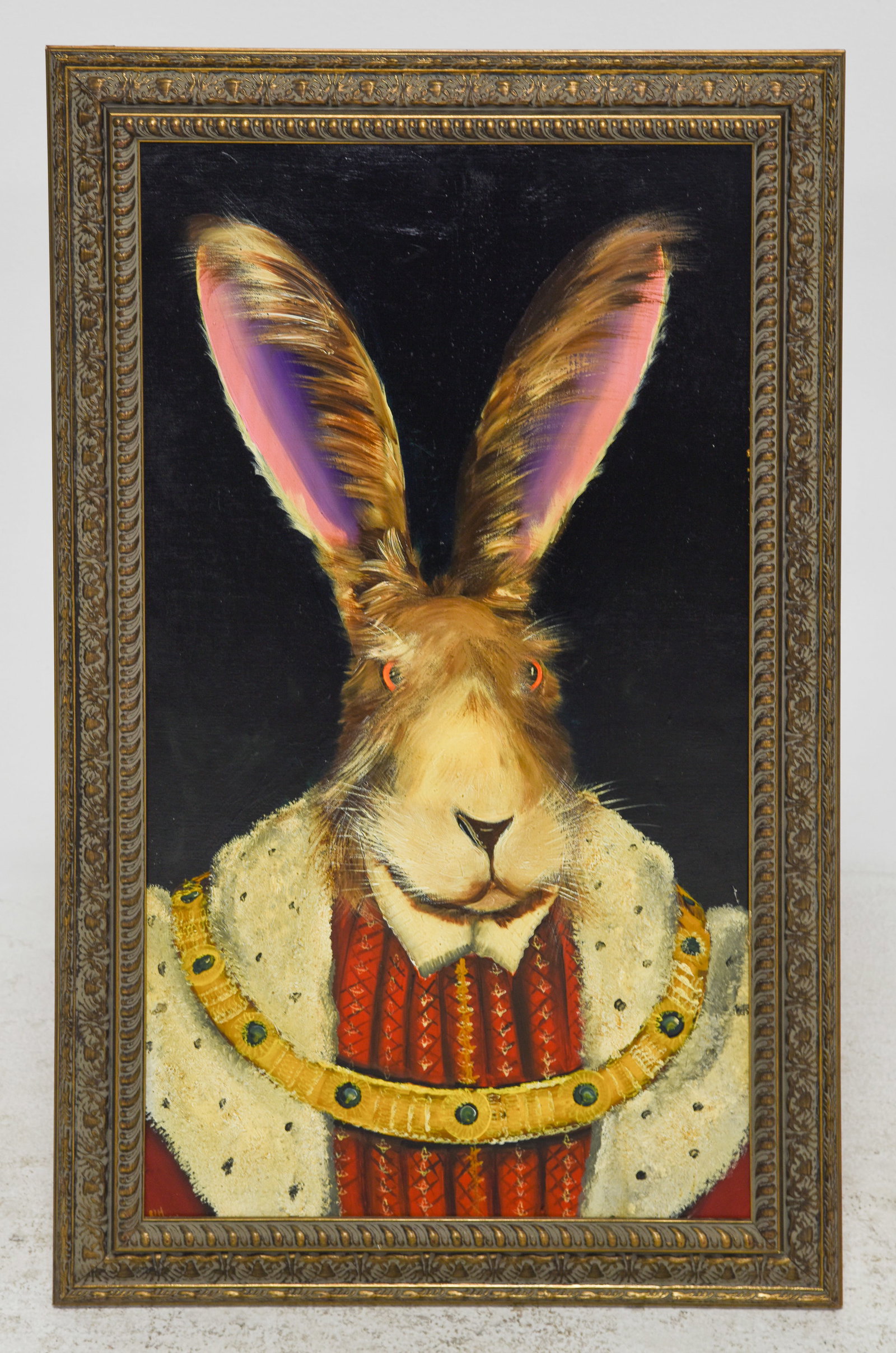 Framed Oil on Board Royal Debonair Hare: Framed Oil on Board Royal Debonair Hare - 42.25 in tall x 26.25 x 1.75