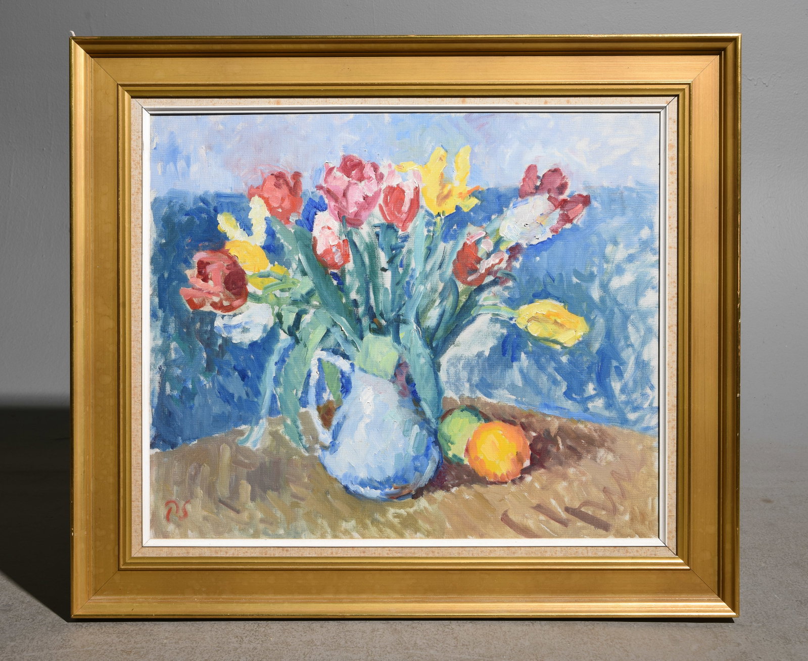 Danish Gold Framed Acrylic on Canvas Still Life: Danish Gold Framed Acrylic on Canvas Floral Still Life - 26.5 in tall x 30.5 x 1.75, The work itself is 20.25 x 24.25