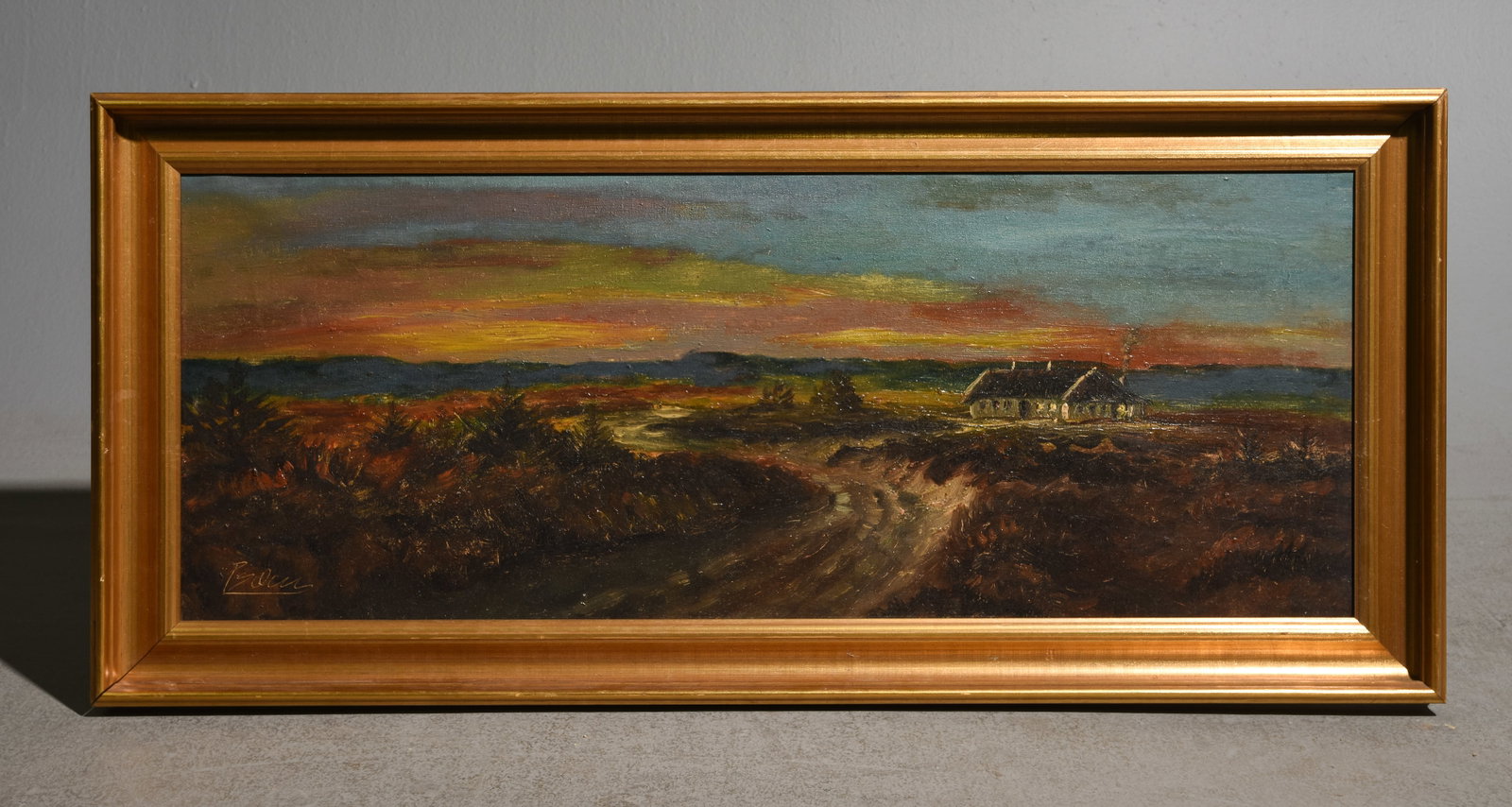 Danish Gold Framed Oil on Canvas Landscape: Danish Gold Framed Oil on Canvas Landscape - 18.25 in tall x 39.5 x 2, The work itself is 14 x 35.5