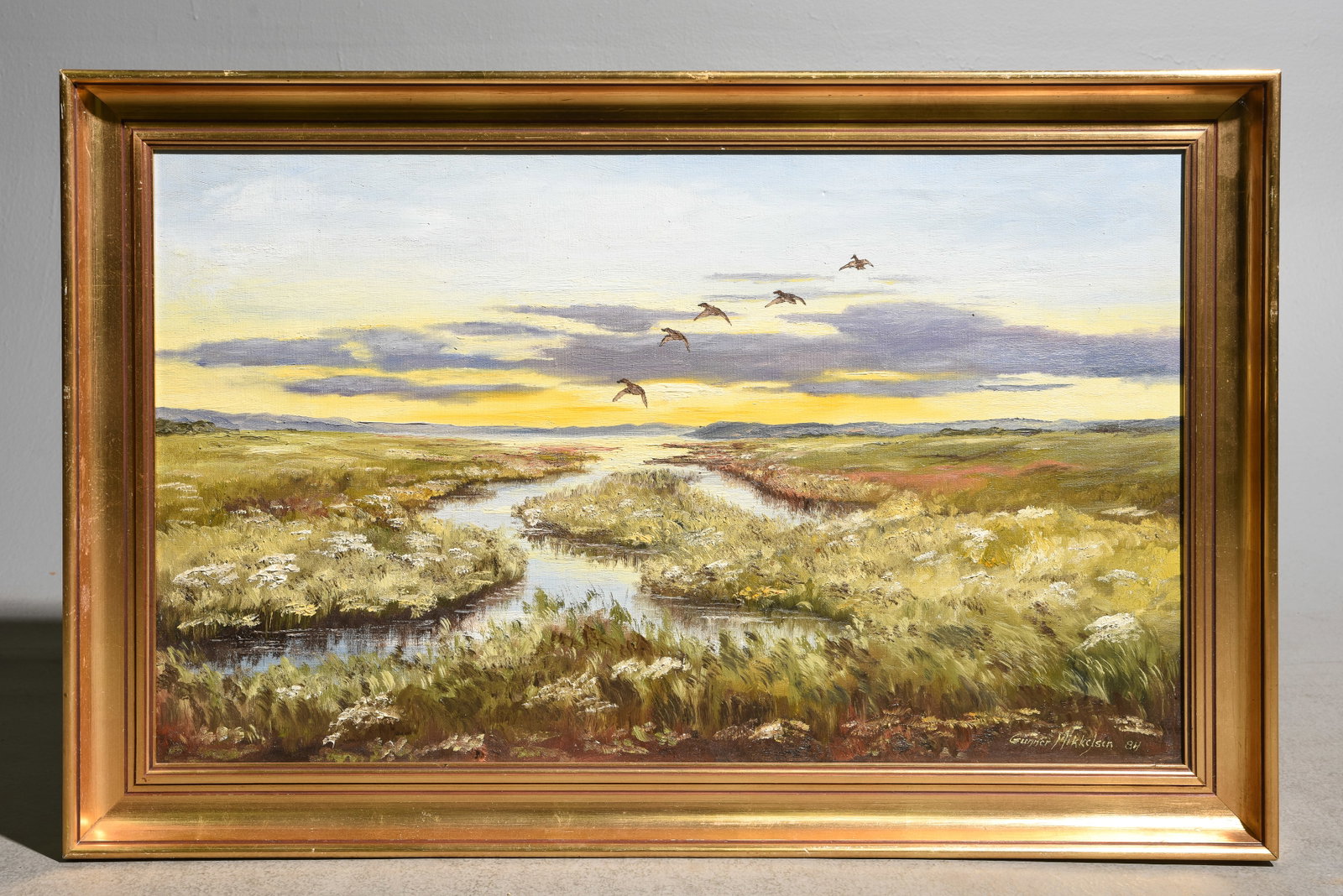 Framed Oil on Canvas Landscape Ducks in Flight: Danish Gold Framed Oil on Canvas Landscape Ducks in Flight - 24 in tall x 36.5 x 2, The work itself is 19.75 x 32.25