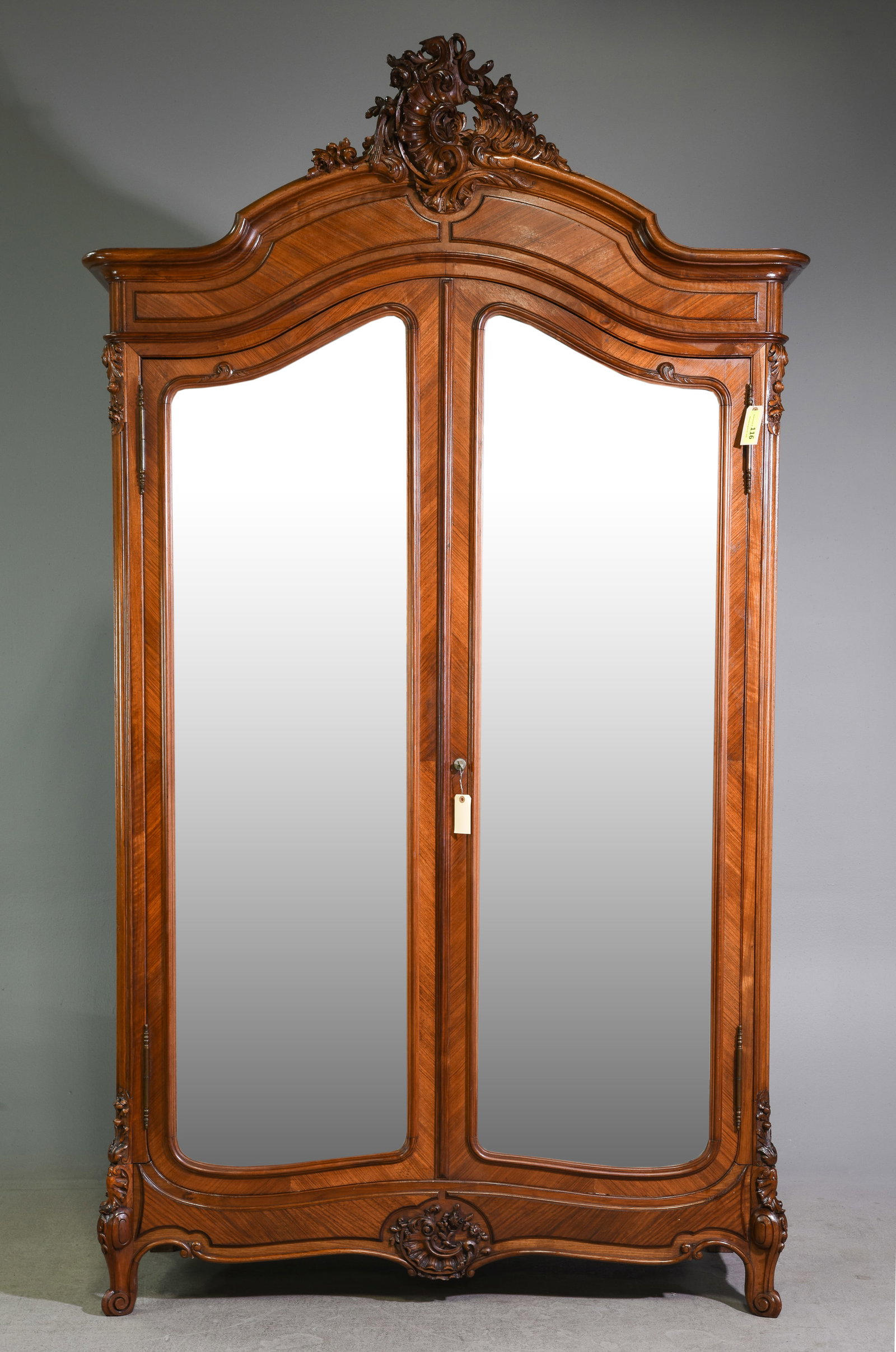 Louis XV Style Double Mirror Door Armoire: French Louis XV Style Double Mirror Door Walnut Armoire - 100.5 in tall x 58 x 24