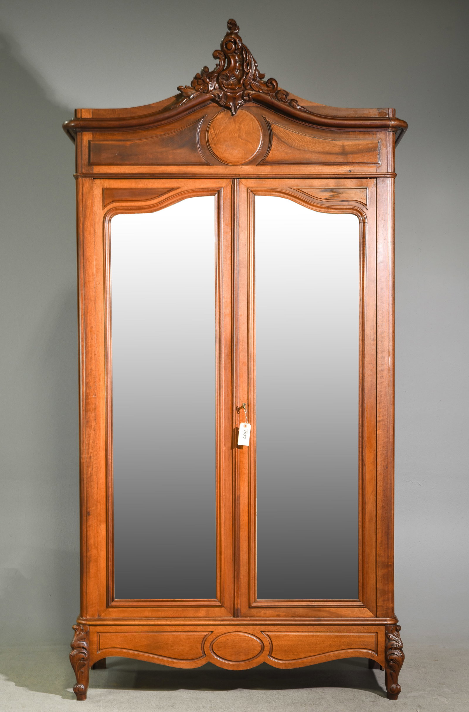 Louis XV Style Double Mirror Door Armoire: French Louis XV Style Double Mirror Door Walnut Armoire - 96 in tall x 51 x 22