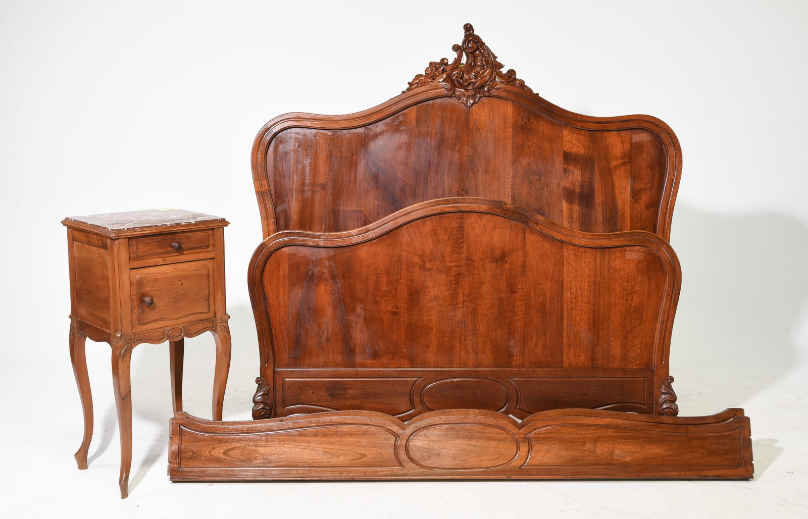 Louis XV Style Walnut Bed with Rails & Nightstand (1 of 5)