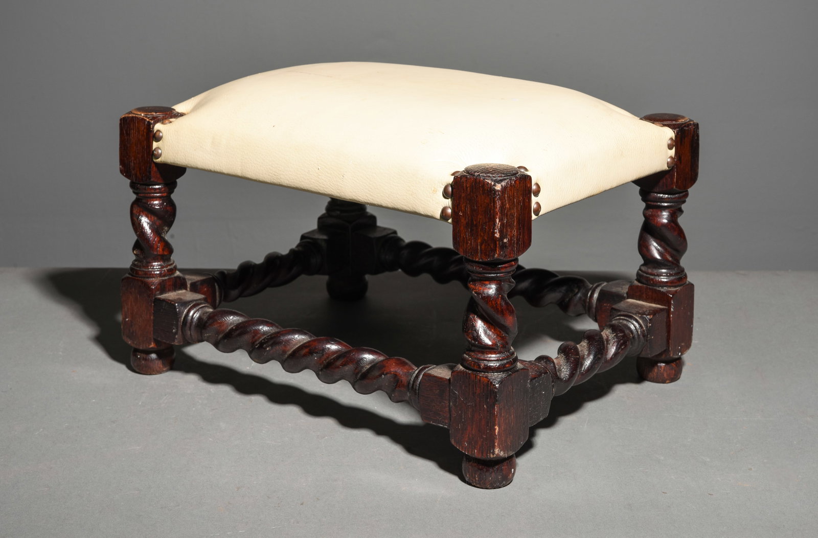British Oak Barley Twist Petite Leather Stool (1 of 3)