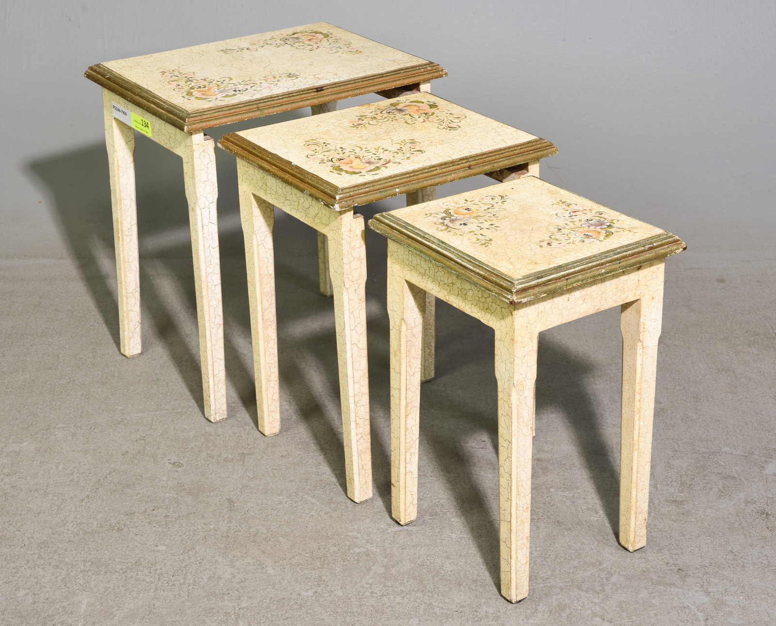 French Painted Beech Wood Nest of 3 Tables: French Painted Beech Wood Nest of 3 Tables - 21 in tall x 18 x 14, 19.5 in tall x 14.5 x 12.5 and 18 in tall x 11 x 11.5