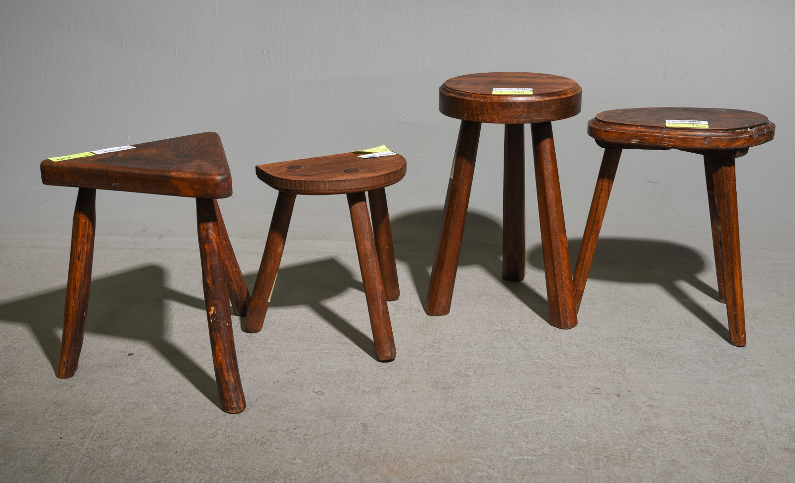 Four Assorted French Milking Stools: Four Assorted French Milking Stools - 17 in tall x 10 x 10, 12 in tall x 10 x 7, 14 in tall x 13 x 13 and 15 in tall x 12 x 9