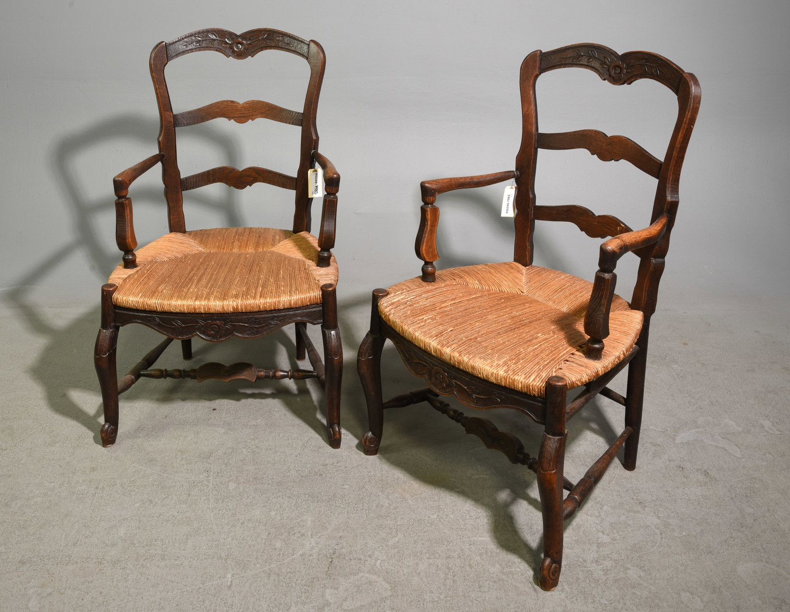 Louis XV Style Pair of Oak Rush Seat Arm Chairs: French Louis XV Style Pair of Oak Rush Seat Arm Chairs - 39 in tall x 23 x 23 each with a seat height of 16 inches
