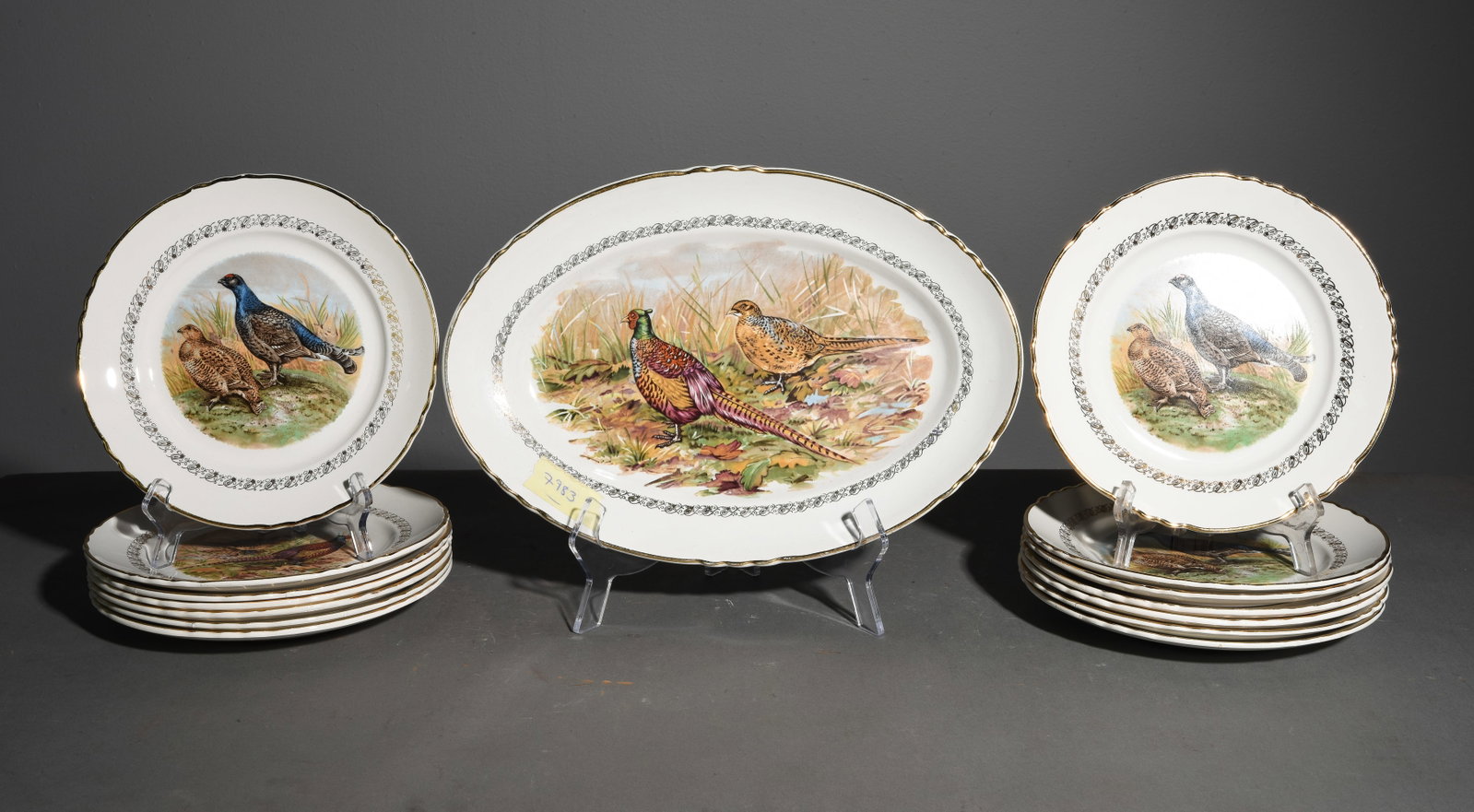 15pc French Hunt Plate Set - Platter & 14 Plates: 15pc French Hunt Plate Set - Platter & 14 Plates - Platter is 1.75 in tall x 14.75 x 10.25, Plates are 1 in tall x 9 inch diameter each