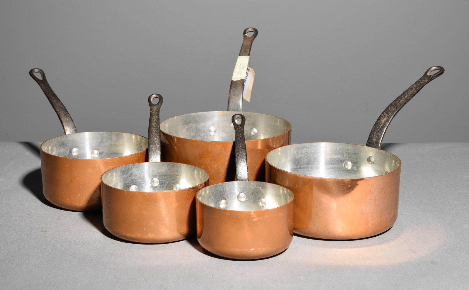 Set of 5 French Graduated Copper Sauce Pans: Set of 5 French Graduated Copper Sauce Pans - 9 in tall x 8 x 16.5