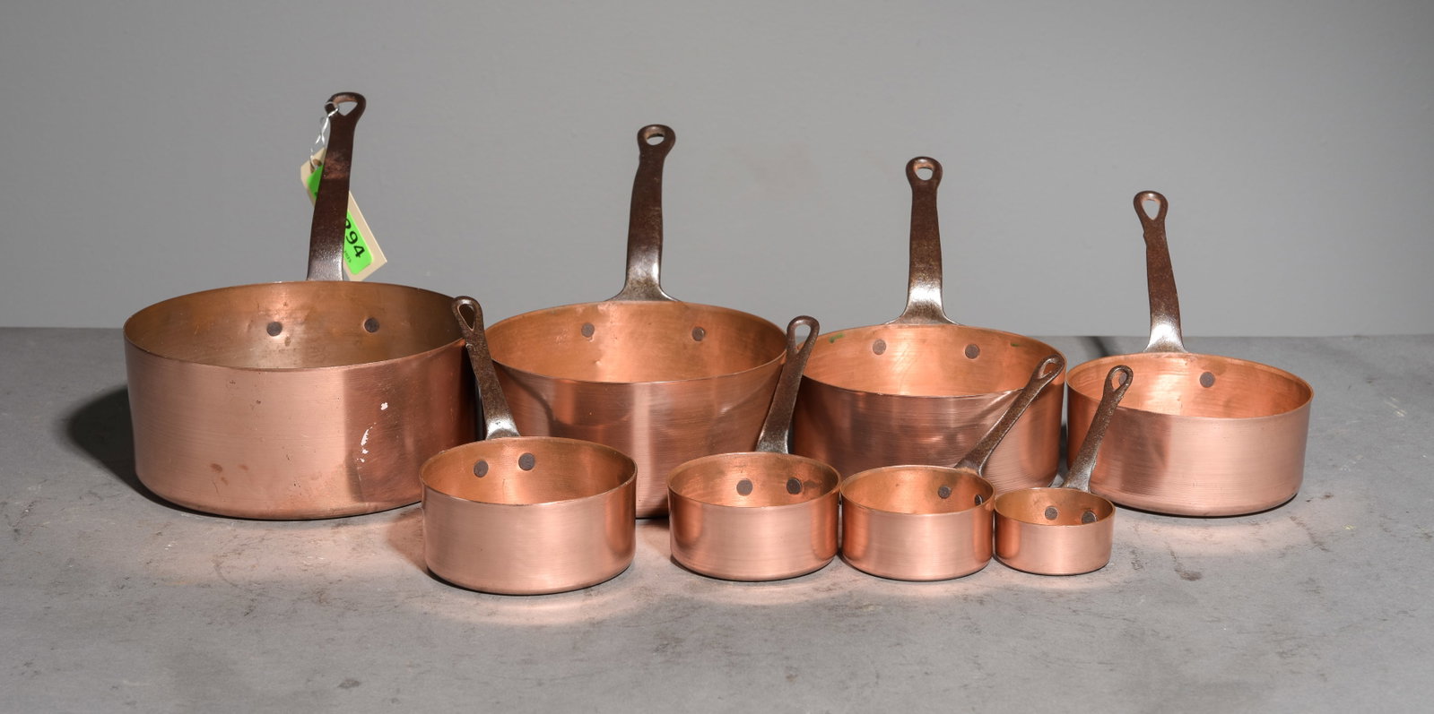 Set of 8 French Polished Sauce Pans: Set of 8 French Polished Graduated Sauce Pans - Largest is 6.5 in tall x 14 x 7 - Reminder, the measurements are meant for shipping purposes