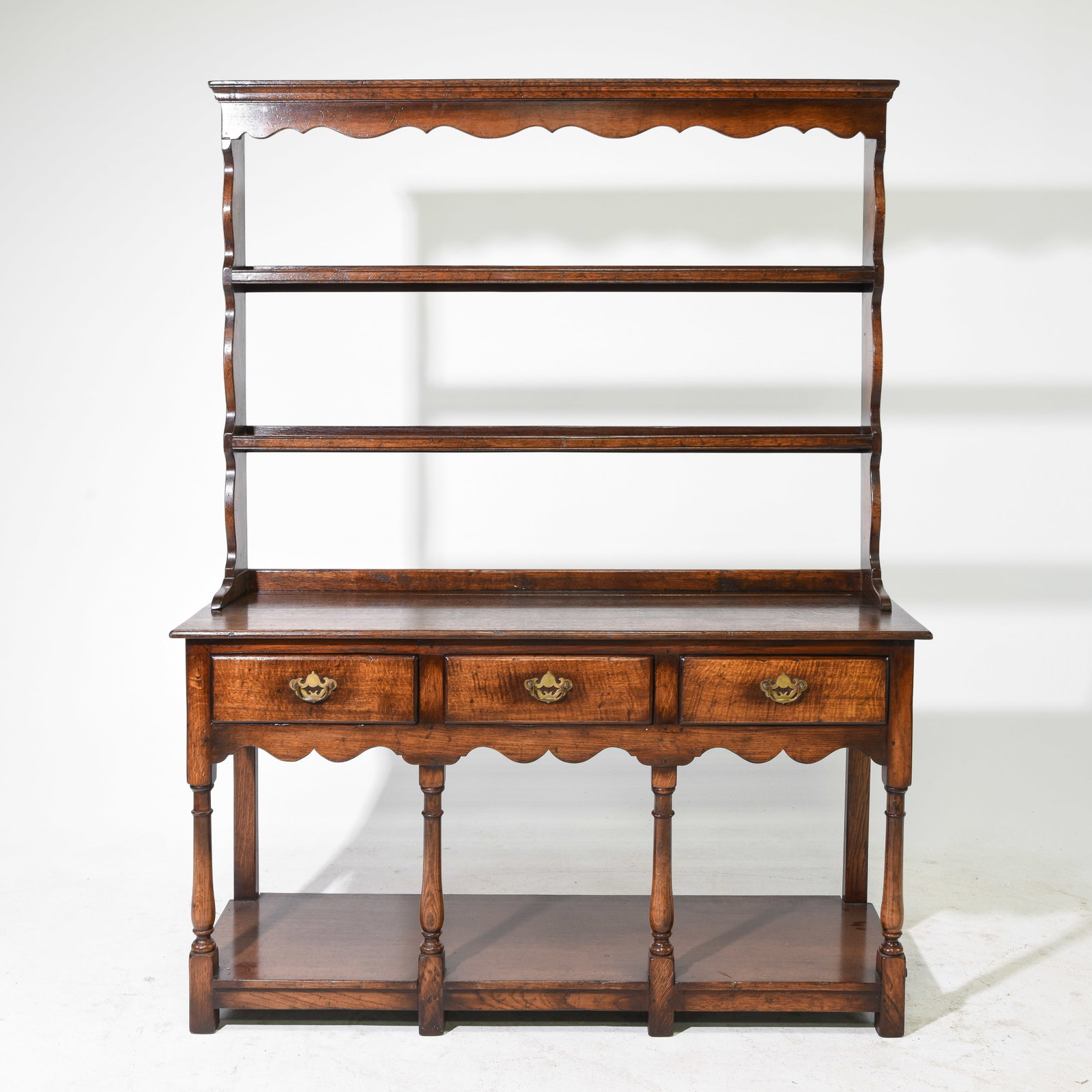 British Oak Plate Rack Dresser with Pot Board Base: British Oak Plate Rack Dresser with Pot Board Base - 71 in tall x 54.5 x 18.5, The height from the floor to the top of the base is 30 inches - This will break down for easier transport