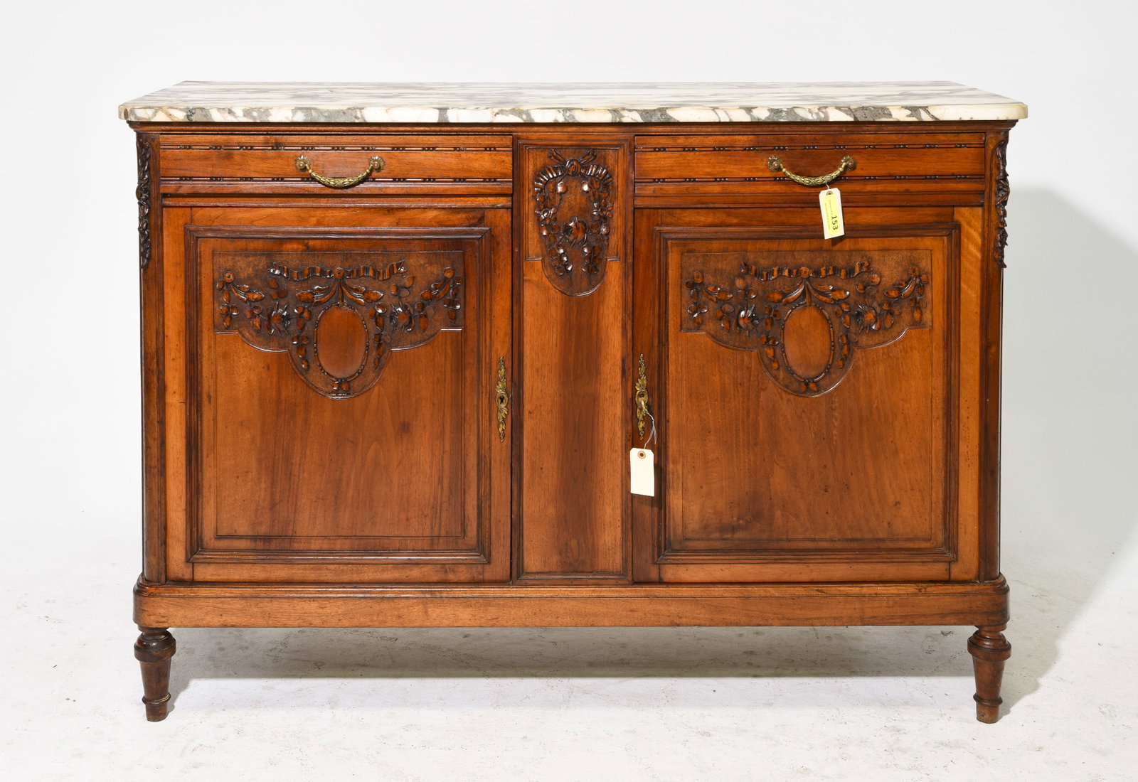 Louis XVI Style Marble Top Sideboard / Server: French Louis XVI Style Marble Top Sideboard / Enfilade - 42 in tall x 59.5 x 21