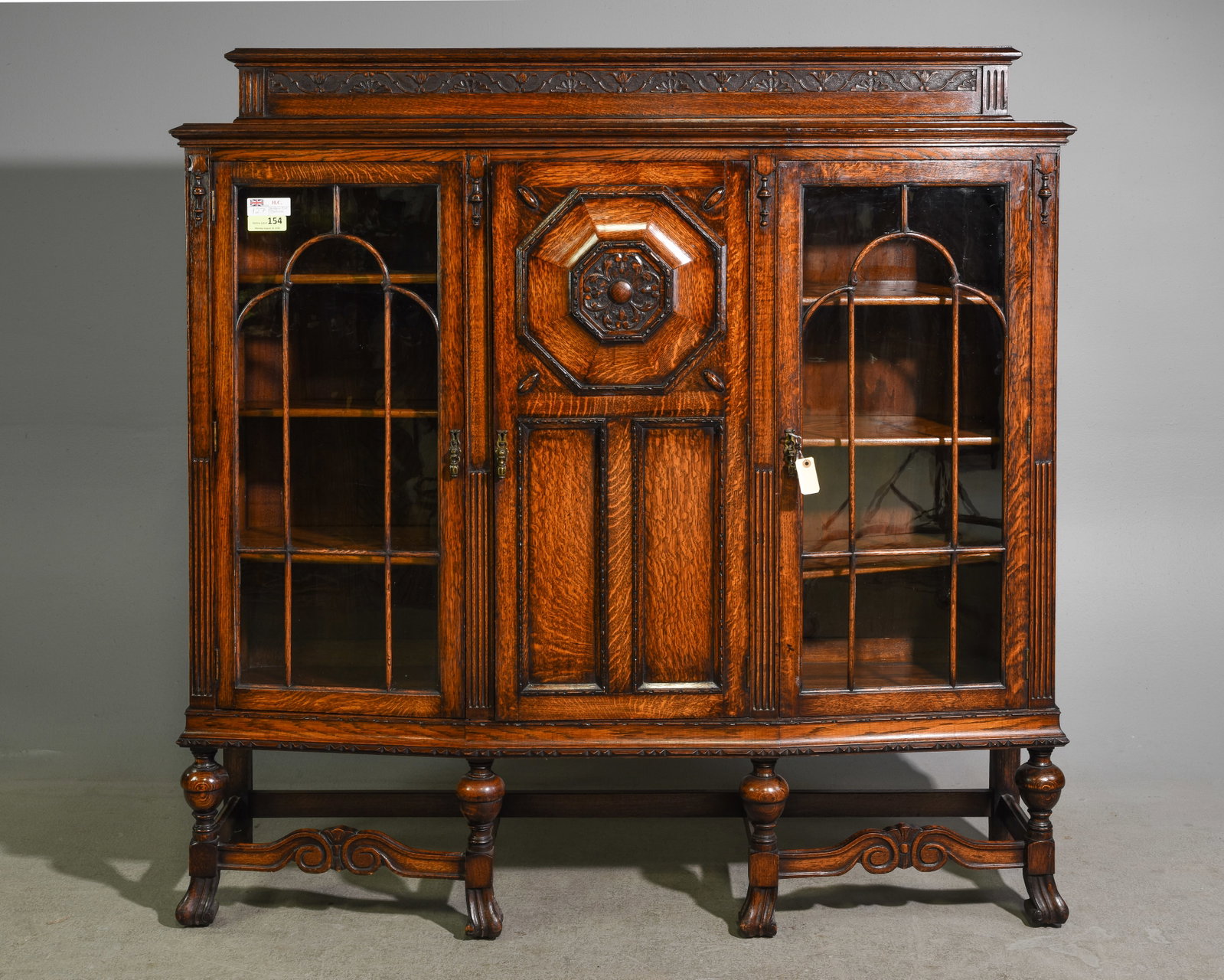 Jacobean Oak Triple Door Bookcase: British Jacobean Oak Triple Door Bookcase / Cabinet - 60.25 in tall x 60 x 15