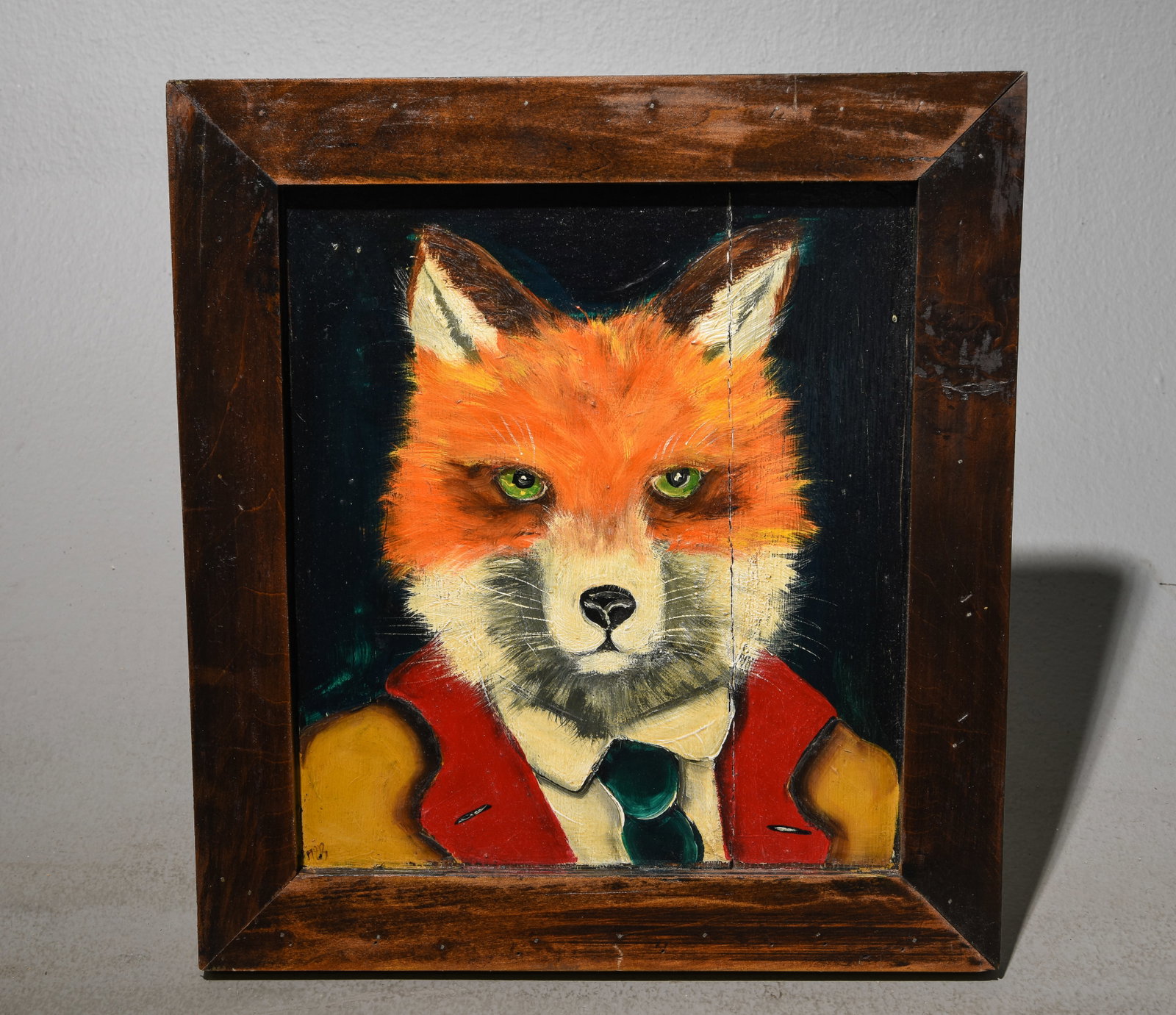 Framed Oil on Board Debonair Fox Portrait: Framed Oil on Board Debonair Fox Portrait - 17.5 in tall x 16 x 1