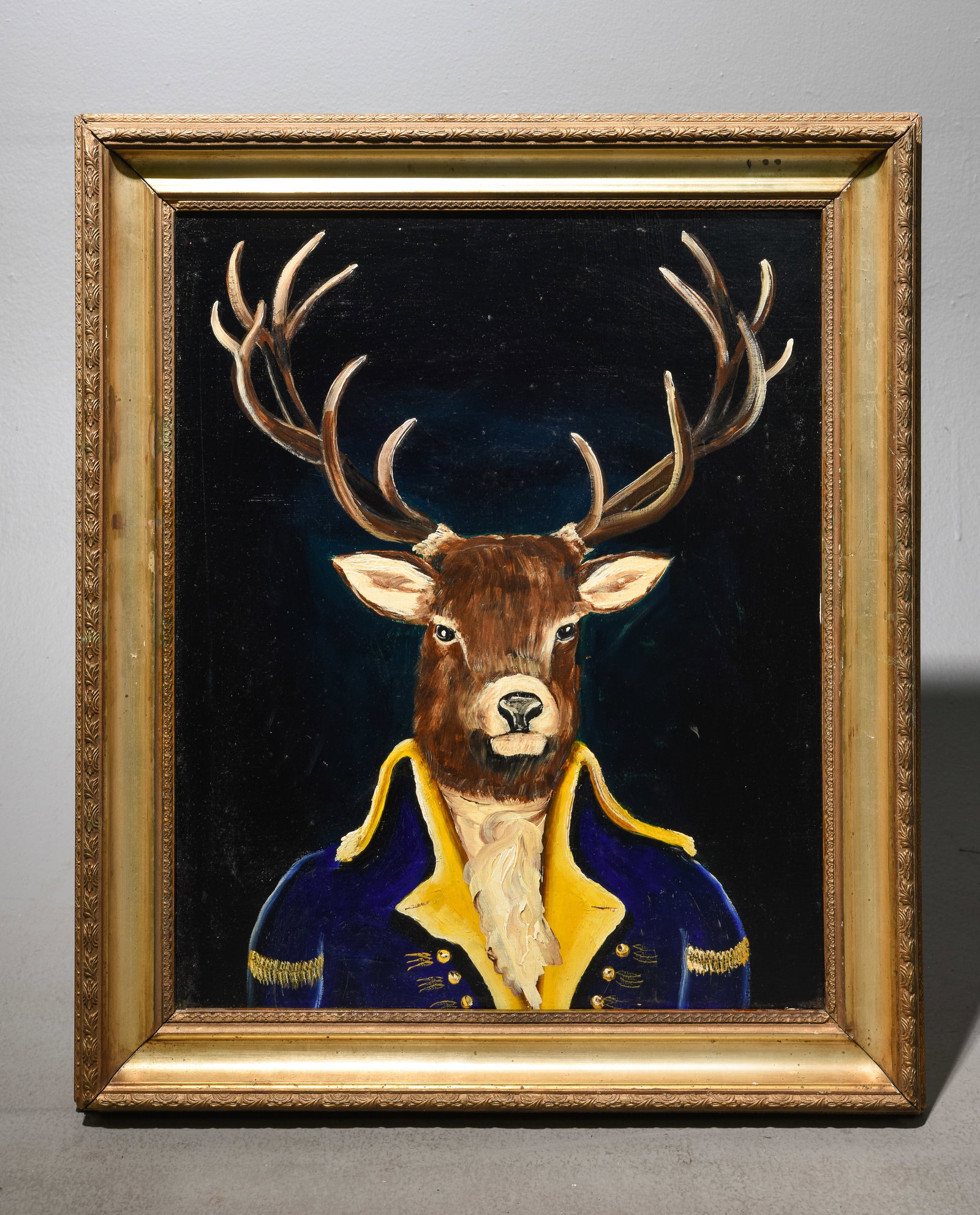 Gold Framed Oil on Board Debonair Stag: Gold Framed Oil on Board Debonair Stag - 27 in tall x 23 x 1.75