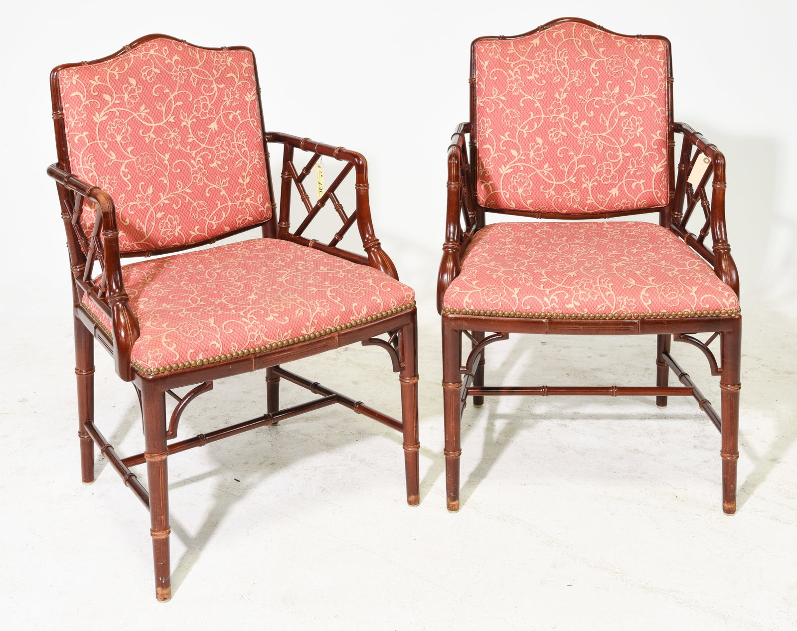 Faux Bamboo Pair of Upholstered Arm Chairs #2: Faux Bamboo Pair of Upholstered Arm Chairs - 36.5 in tall x 23.5 x 21 each with a seat height of 18.5 inches