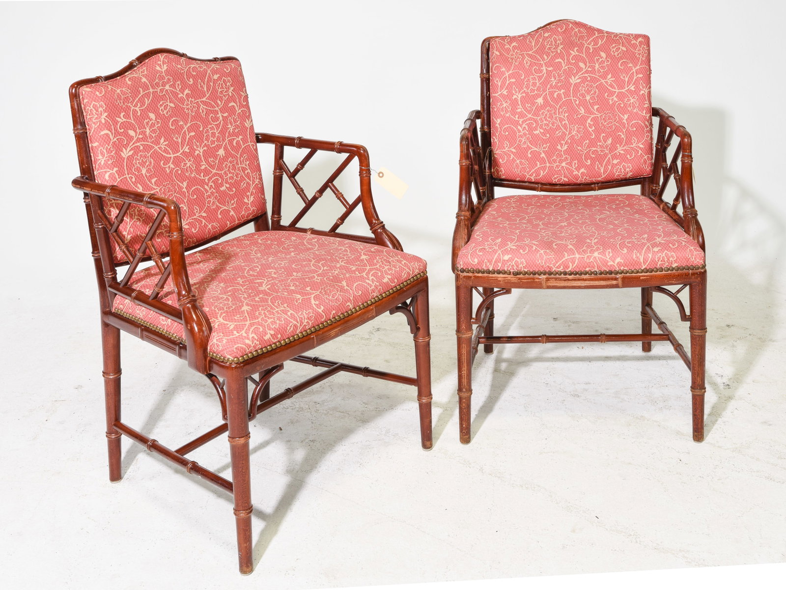 Faux Bamboo Pair of Upholstered Arm Chairs #3: Faux Bamboo Pair of Upholstered Arm Chairs - 36.5 in tall x 23.5 x 21 each with a seat height of 18.5 inches