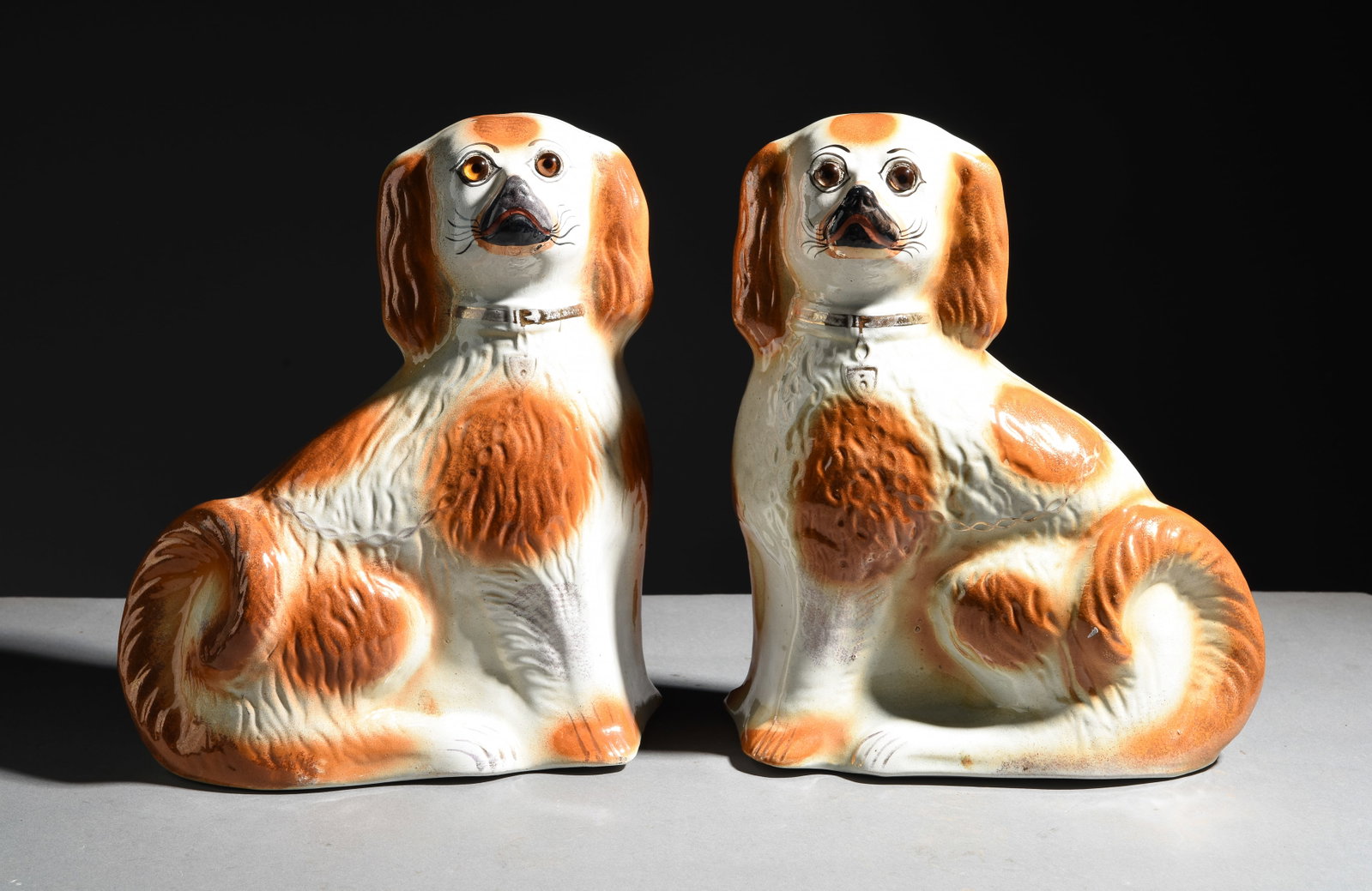 2 Staffordshire King Charles Dogs with Glass Eyes #2: Staffordshire Pair of King Charles Dogs with Glass Eyes - 12 in tall x 10.5 x 4.5