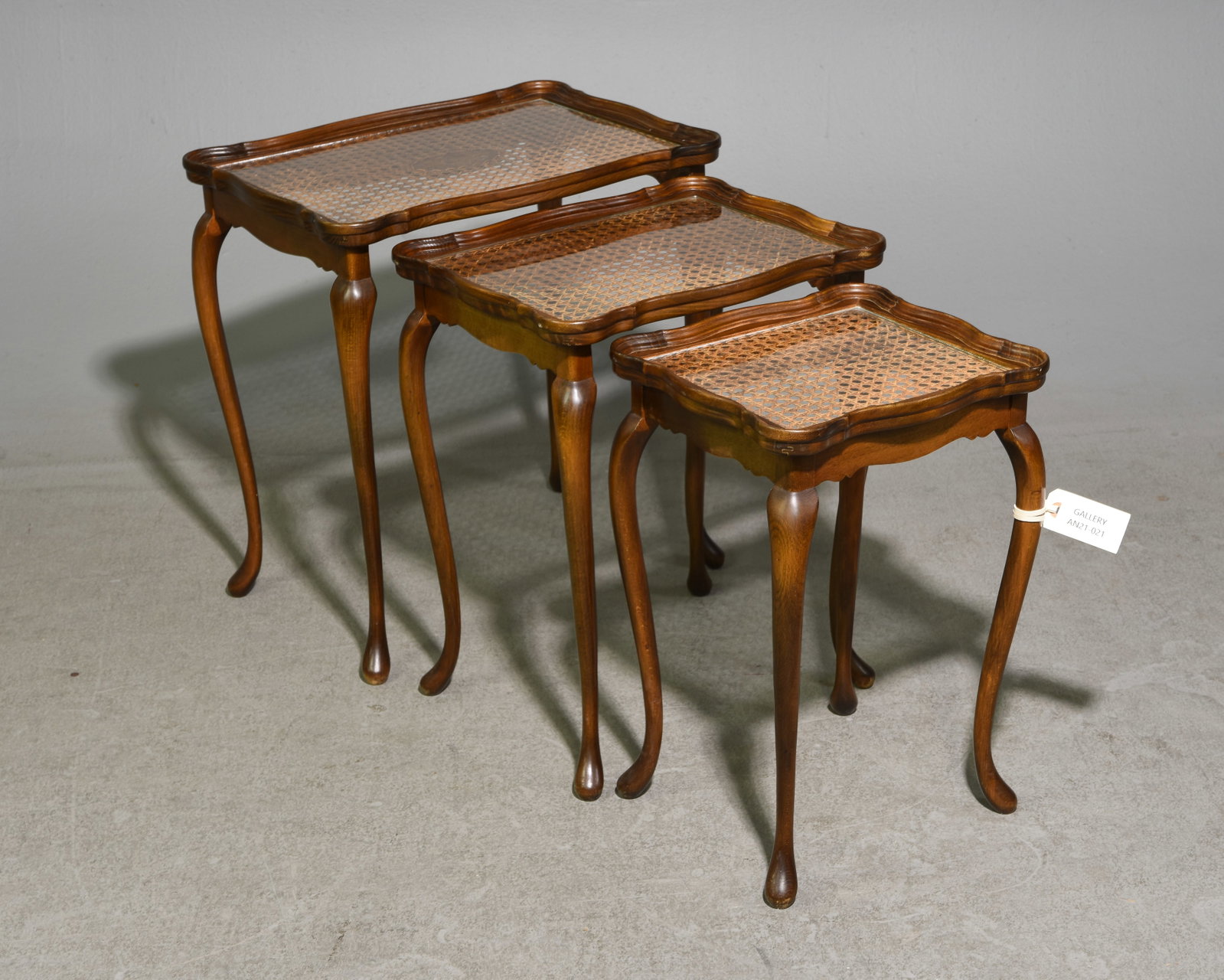 Danish Glass Top Nest of Three Tables: Danish Glass Top Nest of Three Tables - 22 in tall x 20.5 x 14.5, 20.75 in tall x 16.75 x 13.25 and 19.5 in tall x 13 x 11.75