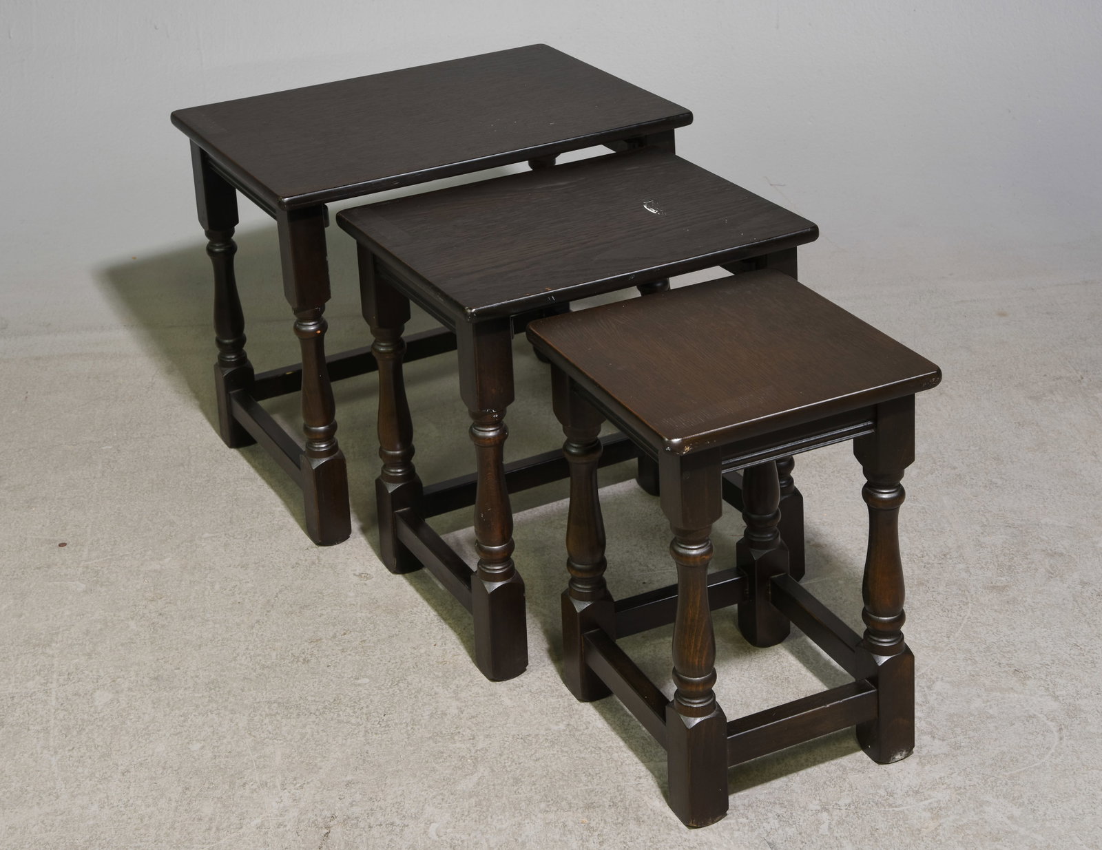 British Oak Nest of Three Tables #3: British Oak Nest of Three Tables - 18.75 in tall x 20.75 x 15.25, 17.5 in tall x 16.25 x 13.25 and 16.75 in tall x 11.5 x 11