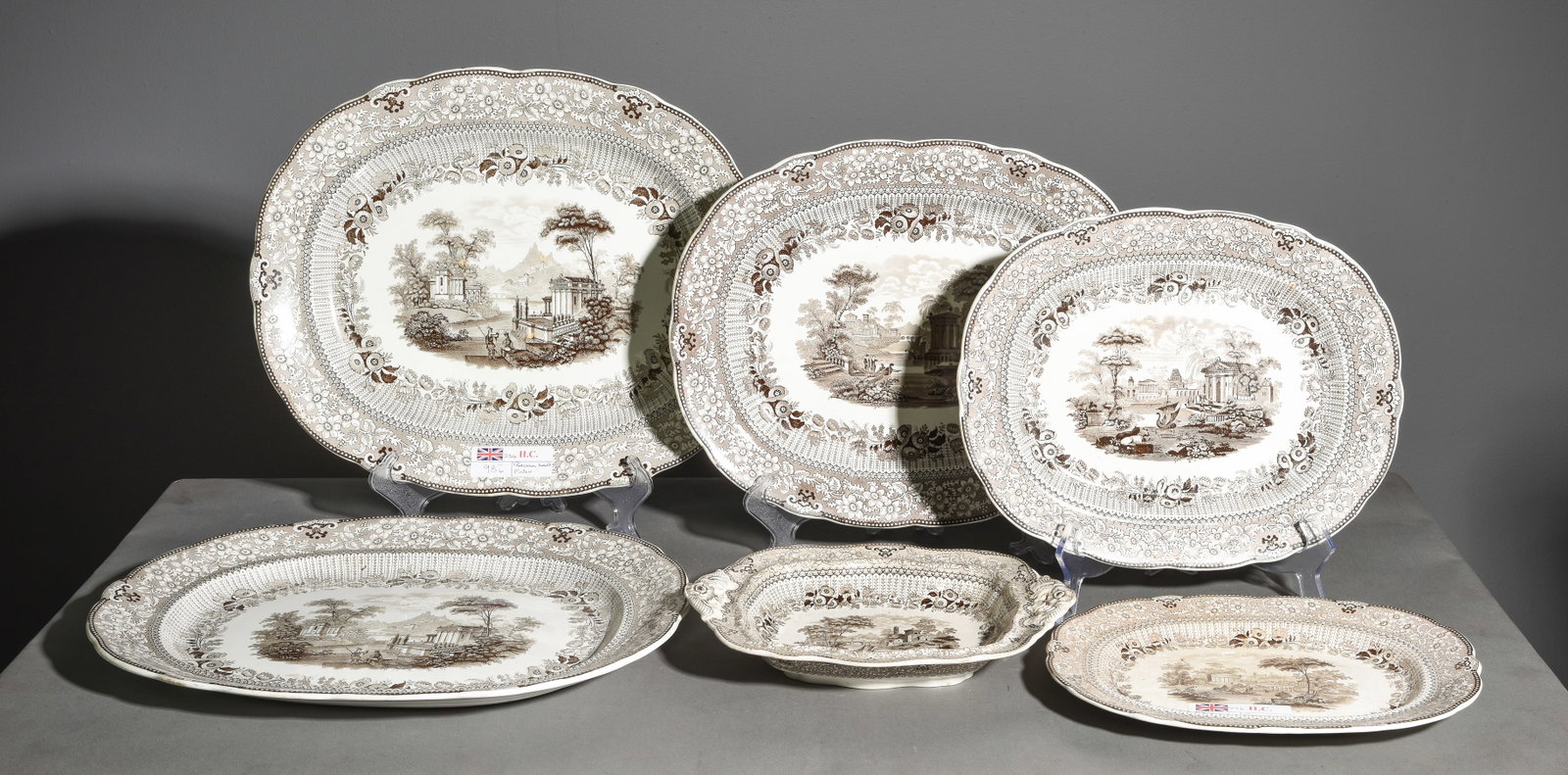 6pcs - Grecian Tansferware Platters, Etc.: 6pcs - Grecian Tansferware Platters and 1 Tureen with no Lid / Bowl - Largest platter is 1.5 in tall x 18.5 x 15.5