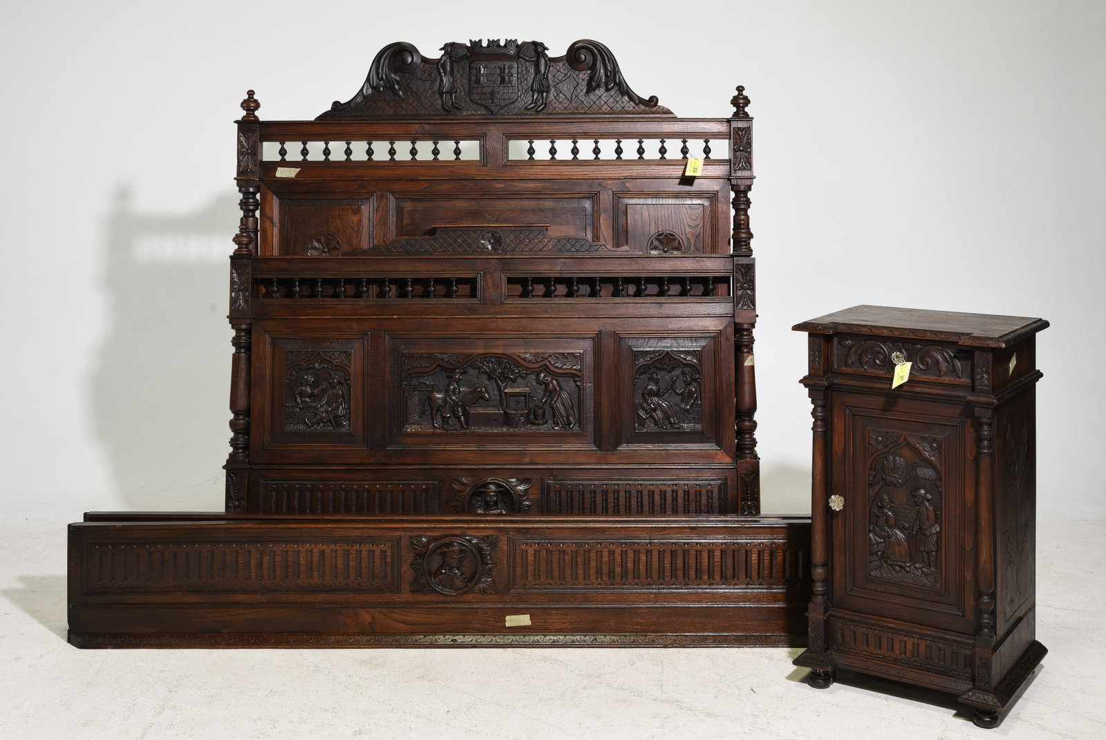 French Carved Breton Style Bed With Rails & Nightstand (1 of 7)