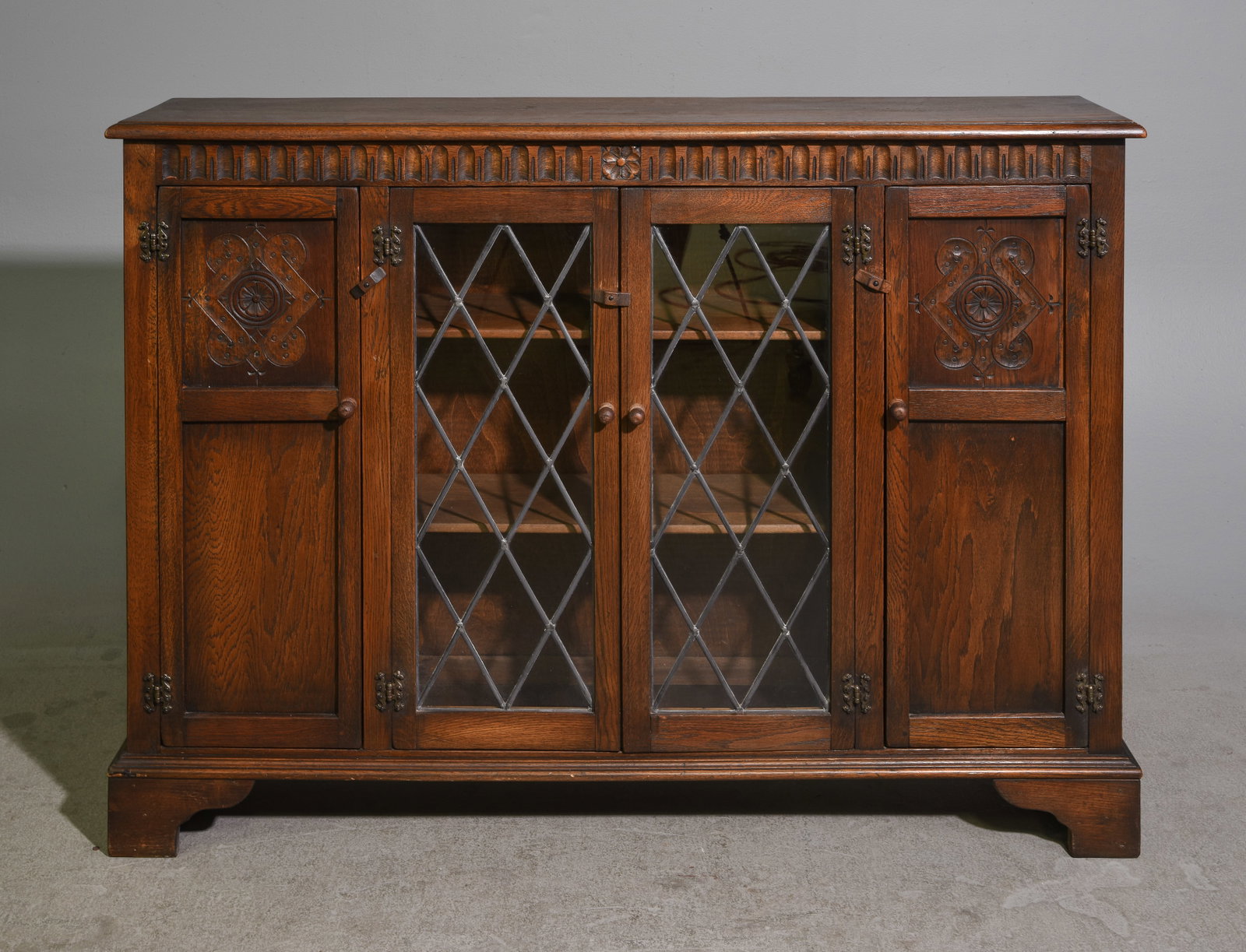 British Carved Oak Leaded Glass Bookcase (1 of 4)