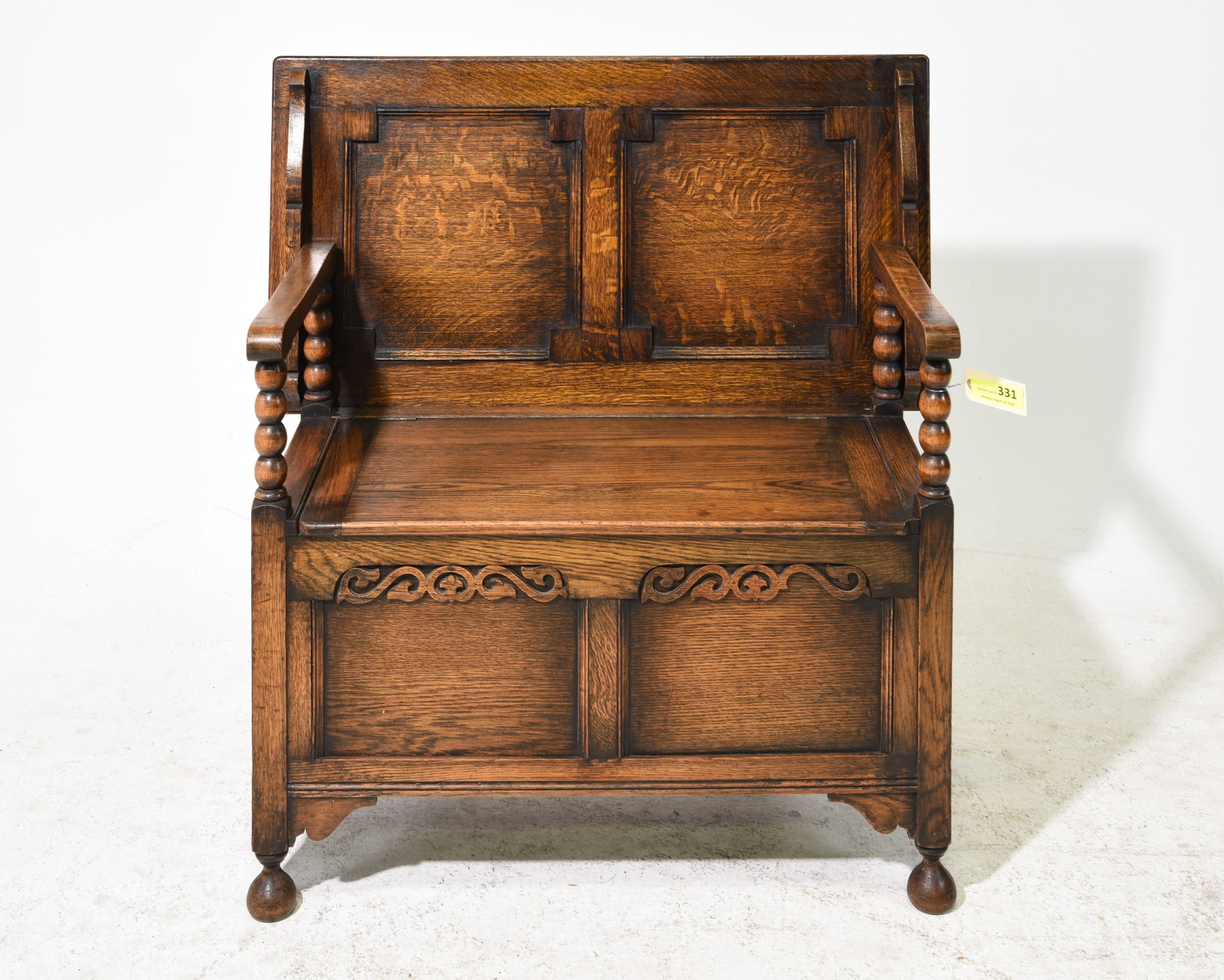 British Carved Oak Monks Bench: British Carved Oak Monks Bench - 28 in tall x 36 x 19, as a bench is 37 in tall