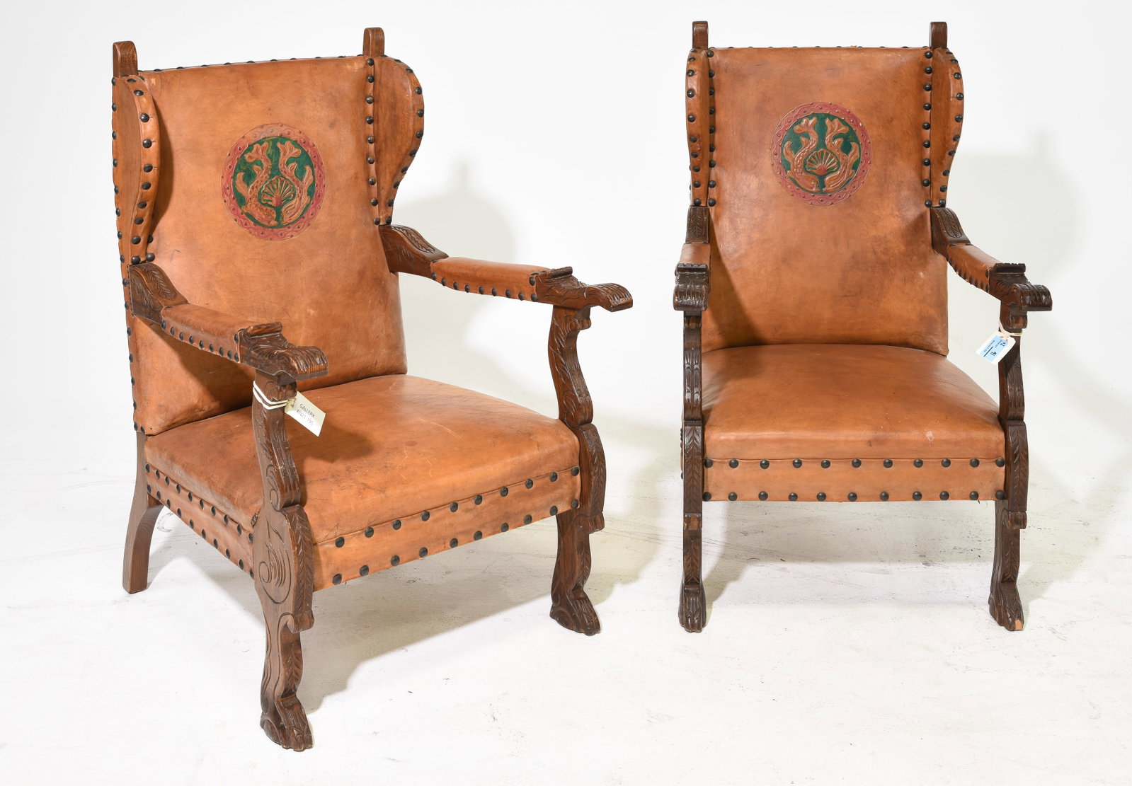 2 Danish Renaissance Style Leather Arm Chairs: 2 Danish Renaissance Style Leather Arm Chairs - 41 in tall x 25 x 29 each with a seat height of 15.5 inches