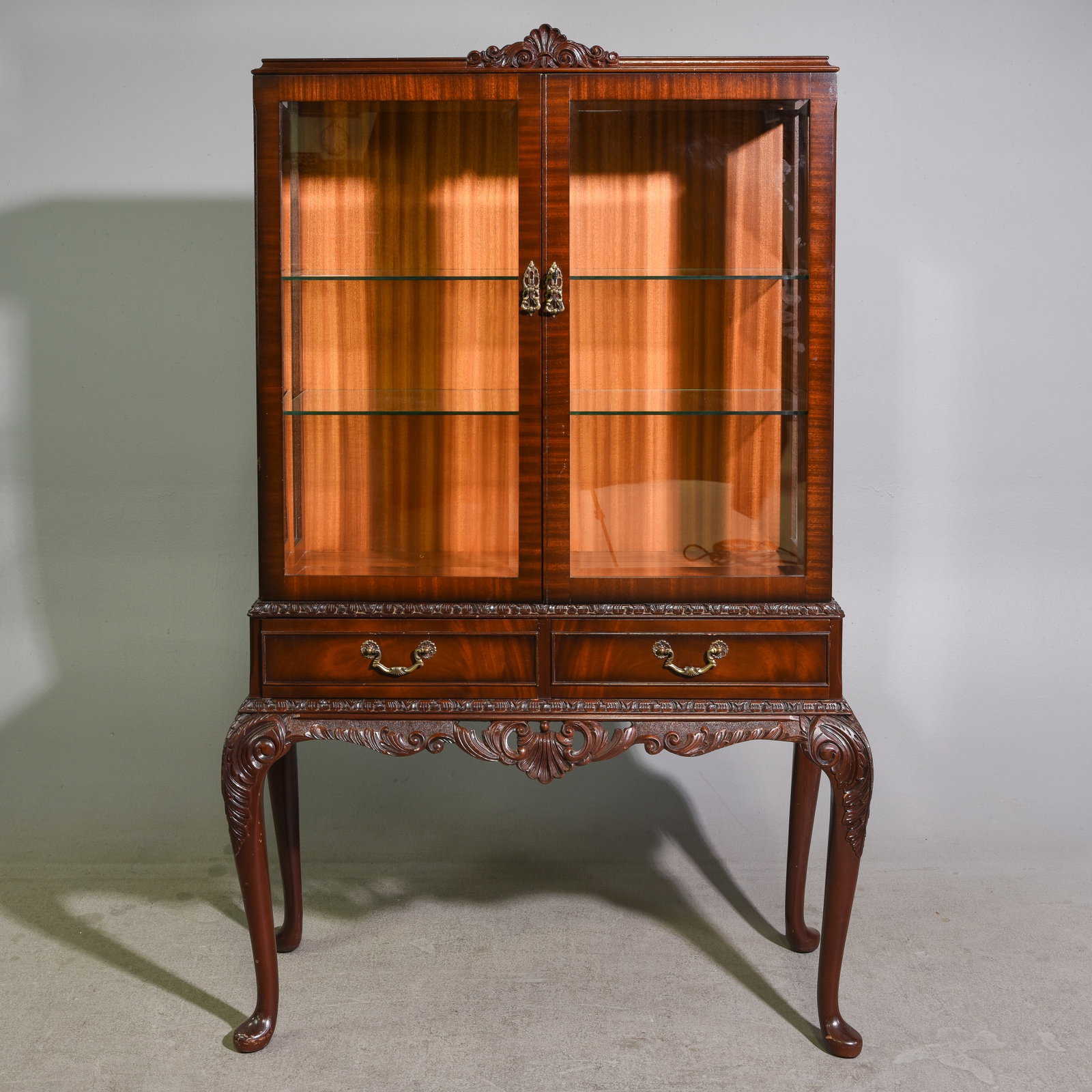 British Mahogany Glass Doors Display Cabinet: British Mahogany Glass Doors Display Cabinet - 63 in tall x 39 x 17