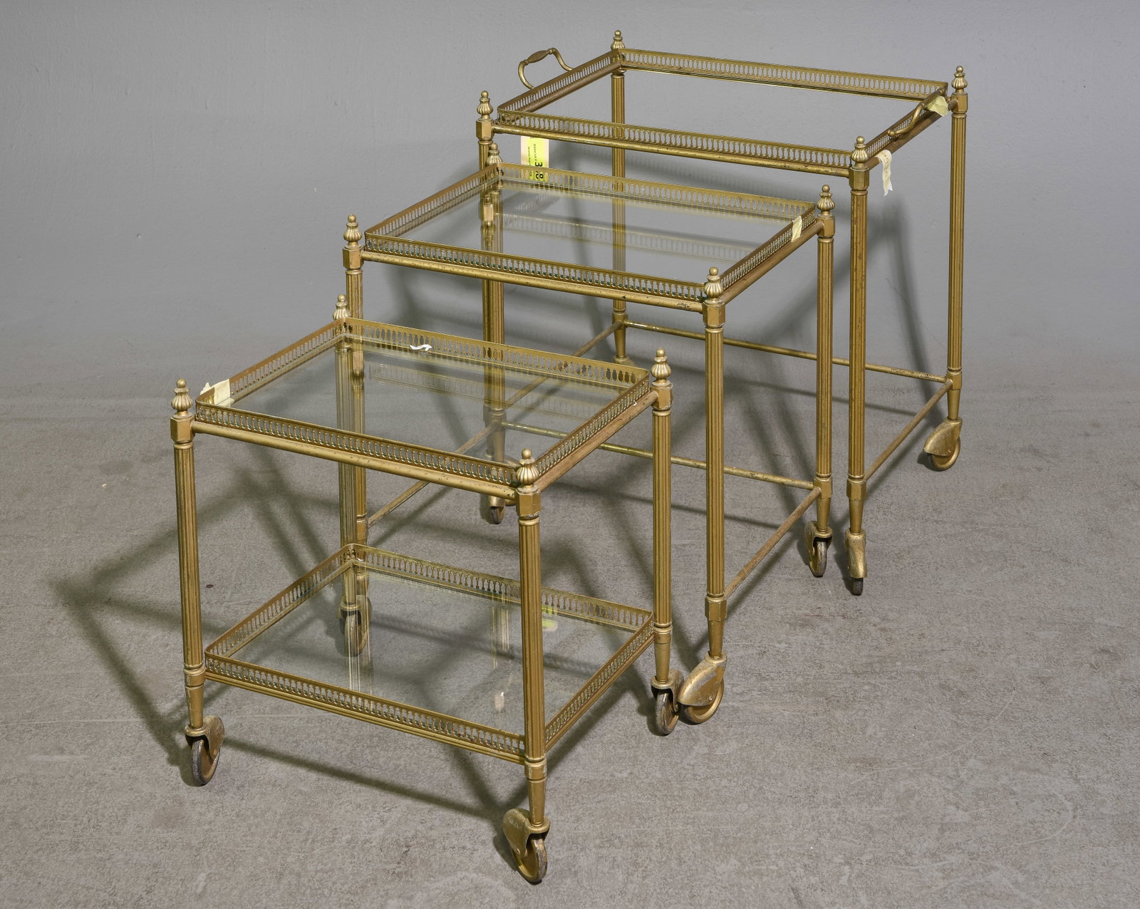 French Brass & Glass Nest Of 3 Tables: French Brass & Glass Nest Of 3 Tables - 24 in tall x 24 x 17, 21 in tall x 20 x 14.5, 18 in tall x 17.5 x 12.5