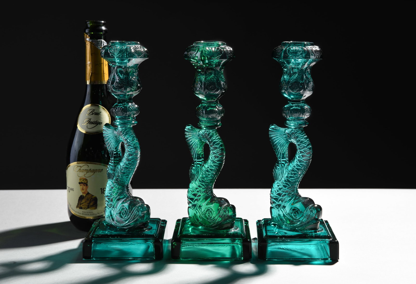 3 Green Imperial Glass MMA Koi Fish Candlesticks