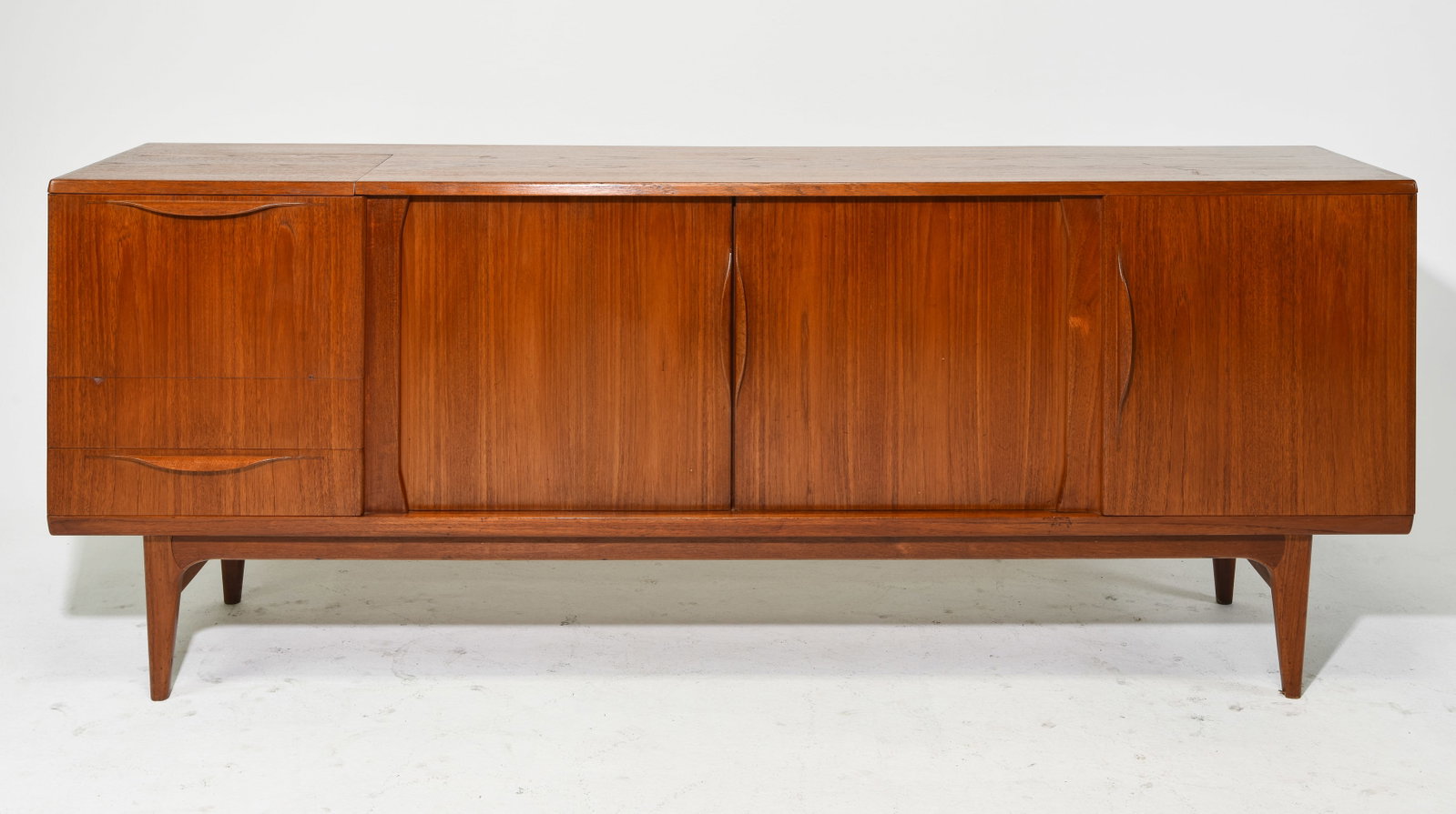 Danish Modern Cocktail Sideboard - Johannes Andersen: Danish Mid Century Modern Tambour Door Cocktail Sideboard By Johannes Andersen for Uldum Mobelfabrik - British Furniture Store/Retailer "Siesta" tag on back - 34 in tall x 86.75 x 19.5