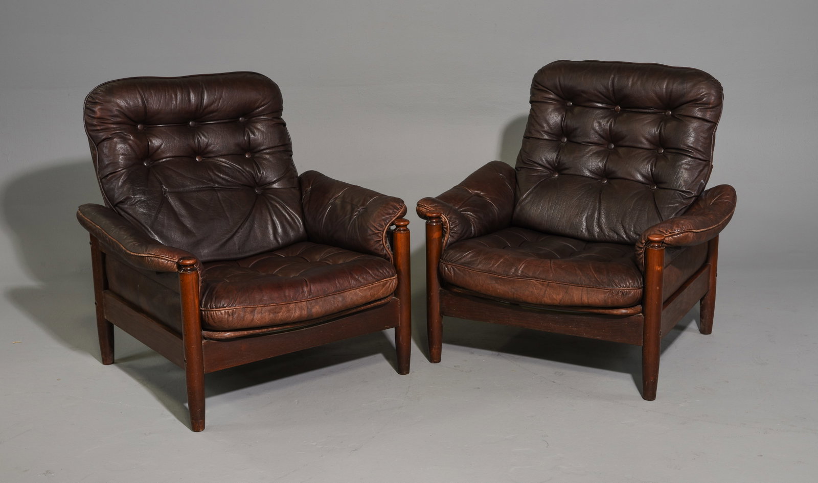 Pair of Brown Leather Button Tufted Arm Chairs (1 of 8)