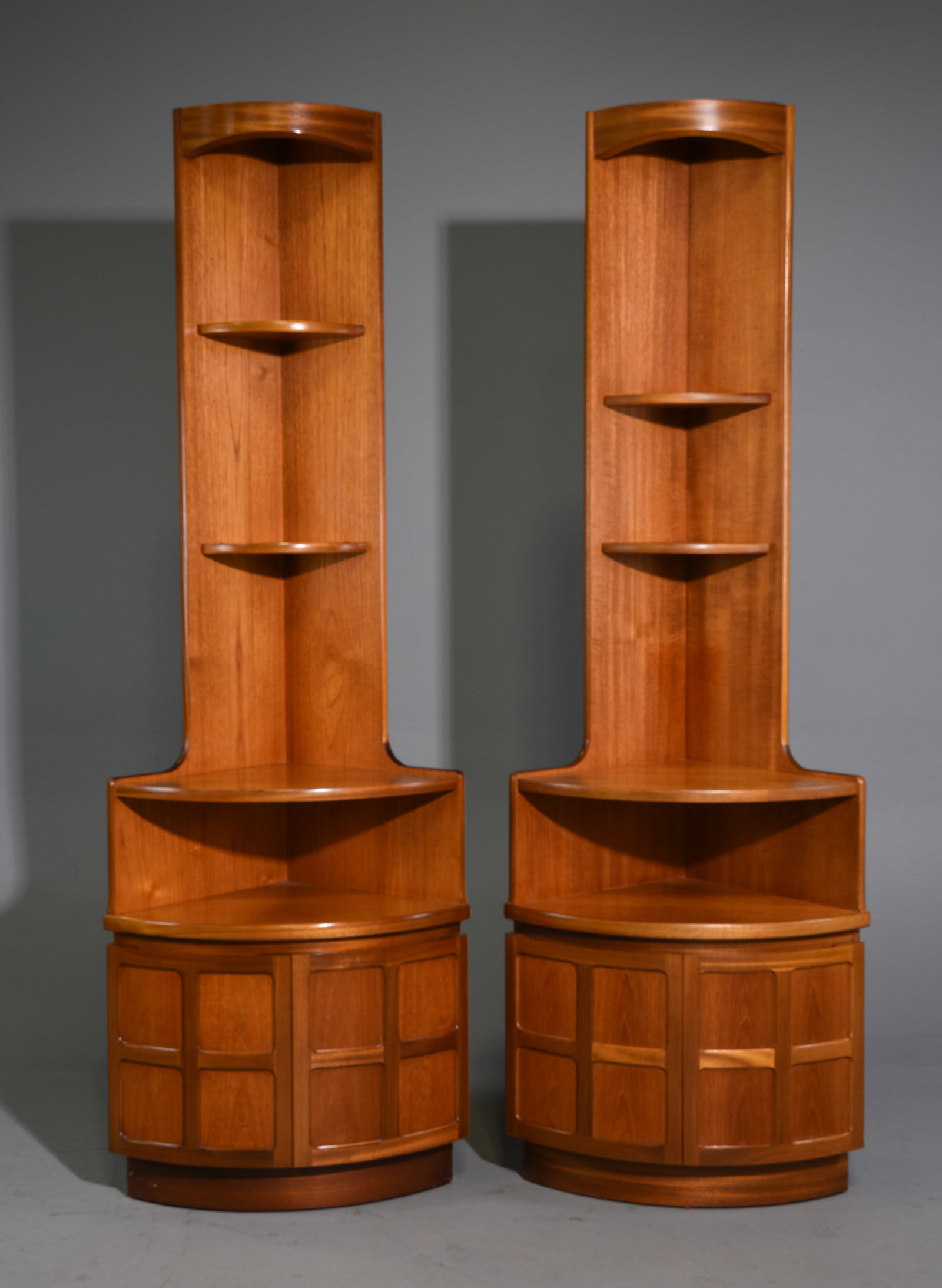 2 Mid Century Modern Corner Cabinets - Nathan: 2 Danish Modern Style Corner Cabinets by Nathan Furniture Co. - 76 in tall x 25 x 18.5 each