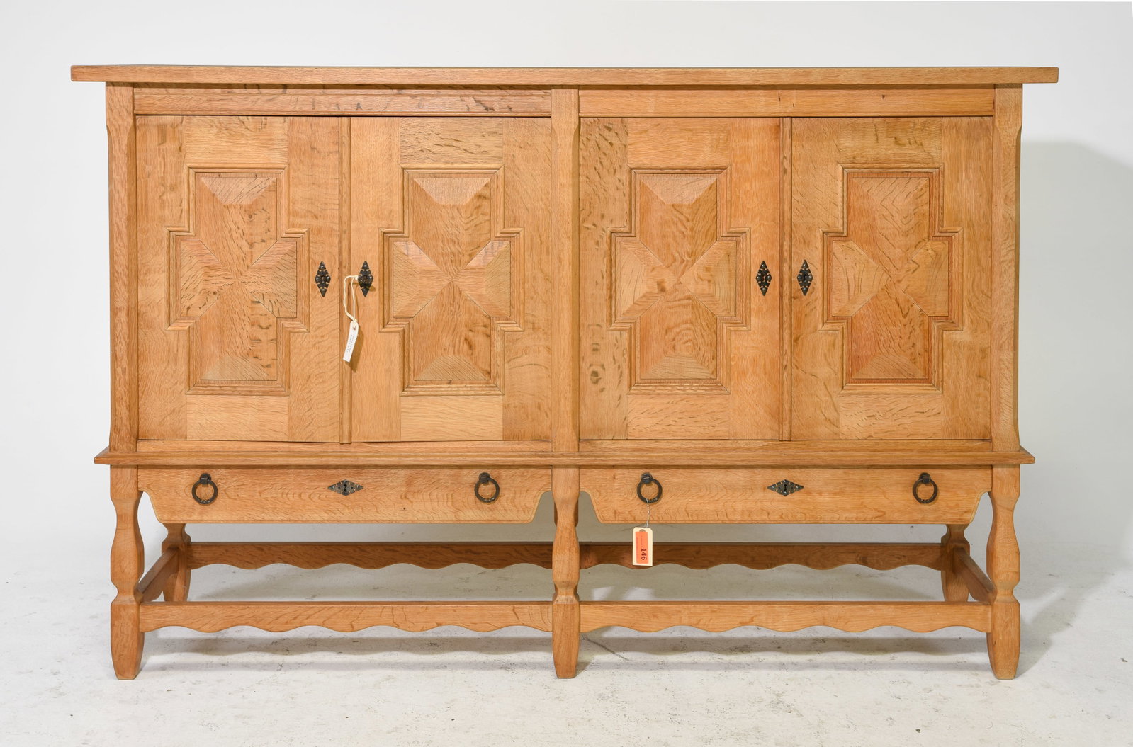 Danish Oak Four Door Tall Sideboard / Cabinet: Danish Oak Four Door Tall Sideboard / Cocktail Cabinet - 49.5 in tall x 77.25 x 19.25 - Similar in style to / possibly by : S. Thrane & Son / Henning Kjaernulf / Guillerme & Chambron